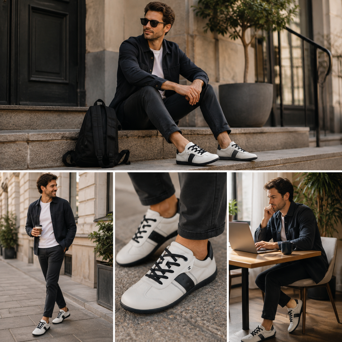 Herren tragen weiße Barfuß-Sneaker in modernen Alltagssituationen – flexible Begleiter für Freizeit, Reisen, Stadt und Büro.
