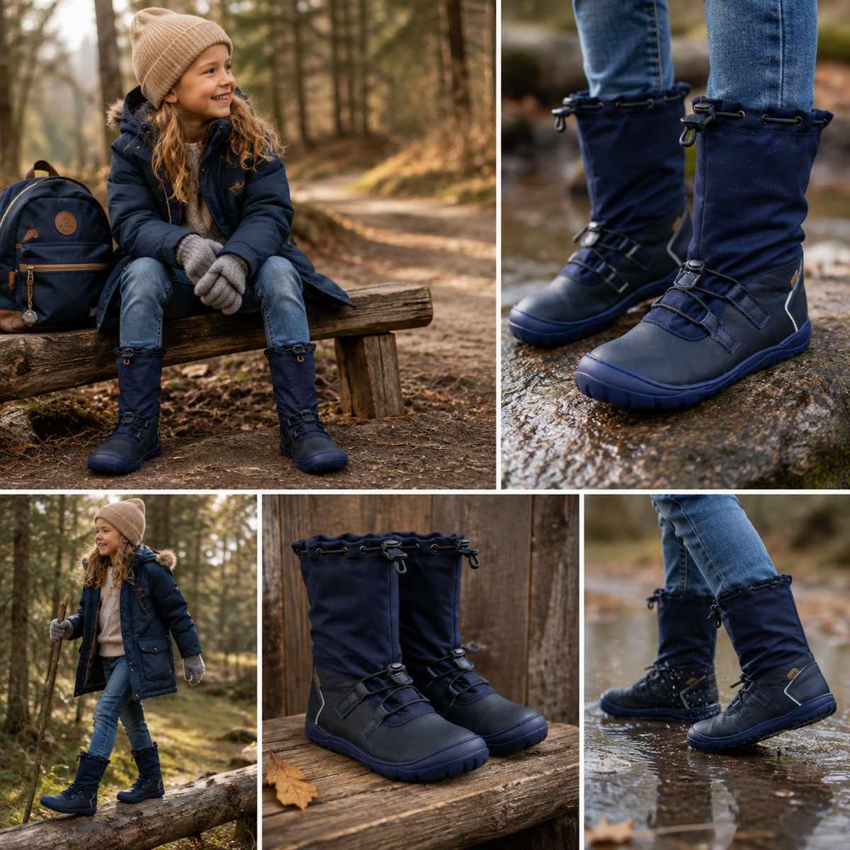 KOEL Barefoot Kinderstiefel RANA WP LEX Navy im Outdoor-Lifestyle – wasserdichte Barfuß-Winterstiefel für Kinder beim Spielen, Wandern und Entdecken in der Natur.