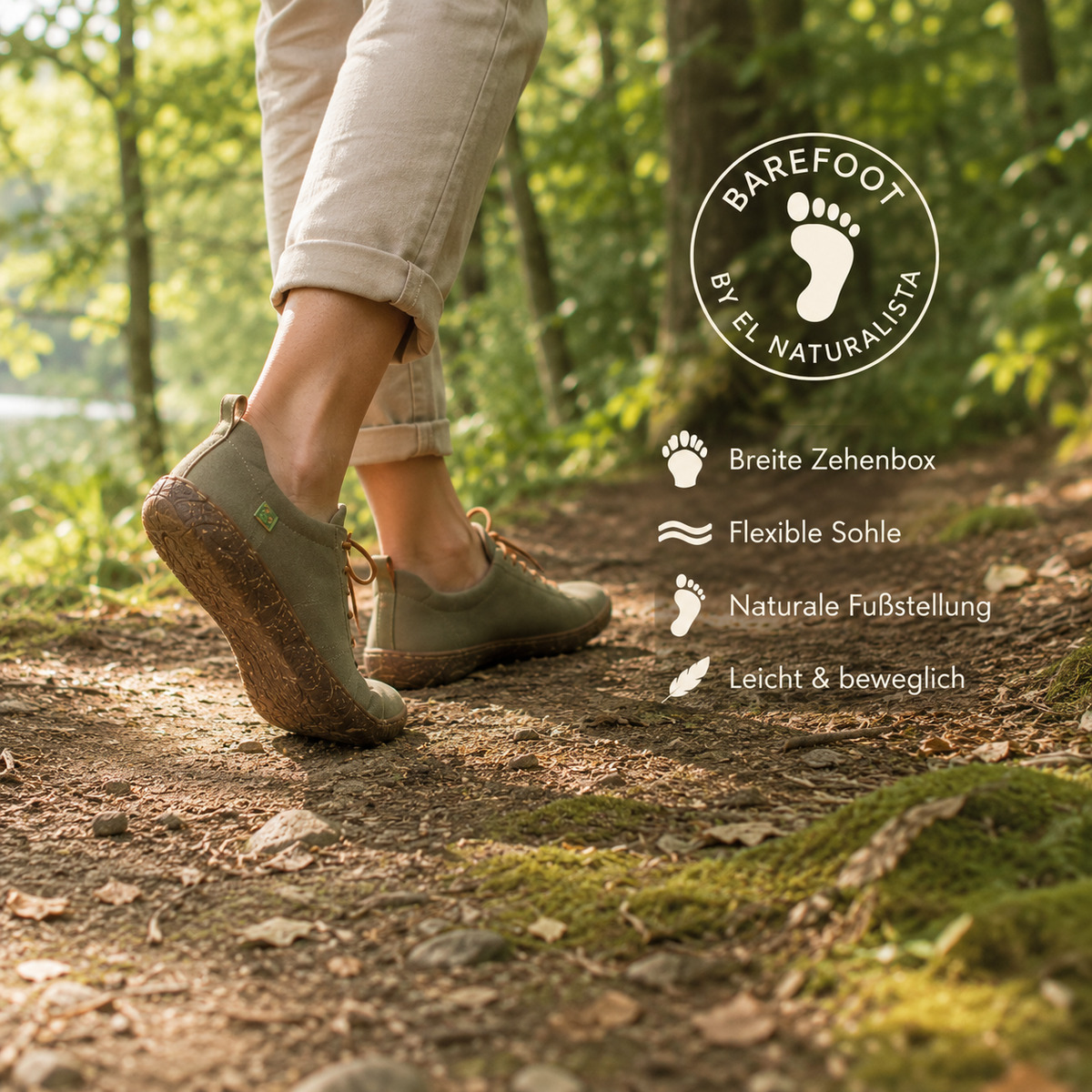 El Naturalista Barefoot Schuhe beim Gehen auf einem natürlichen Waldweg – shoedeal.de