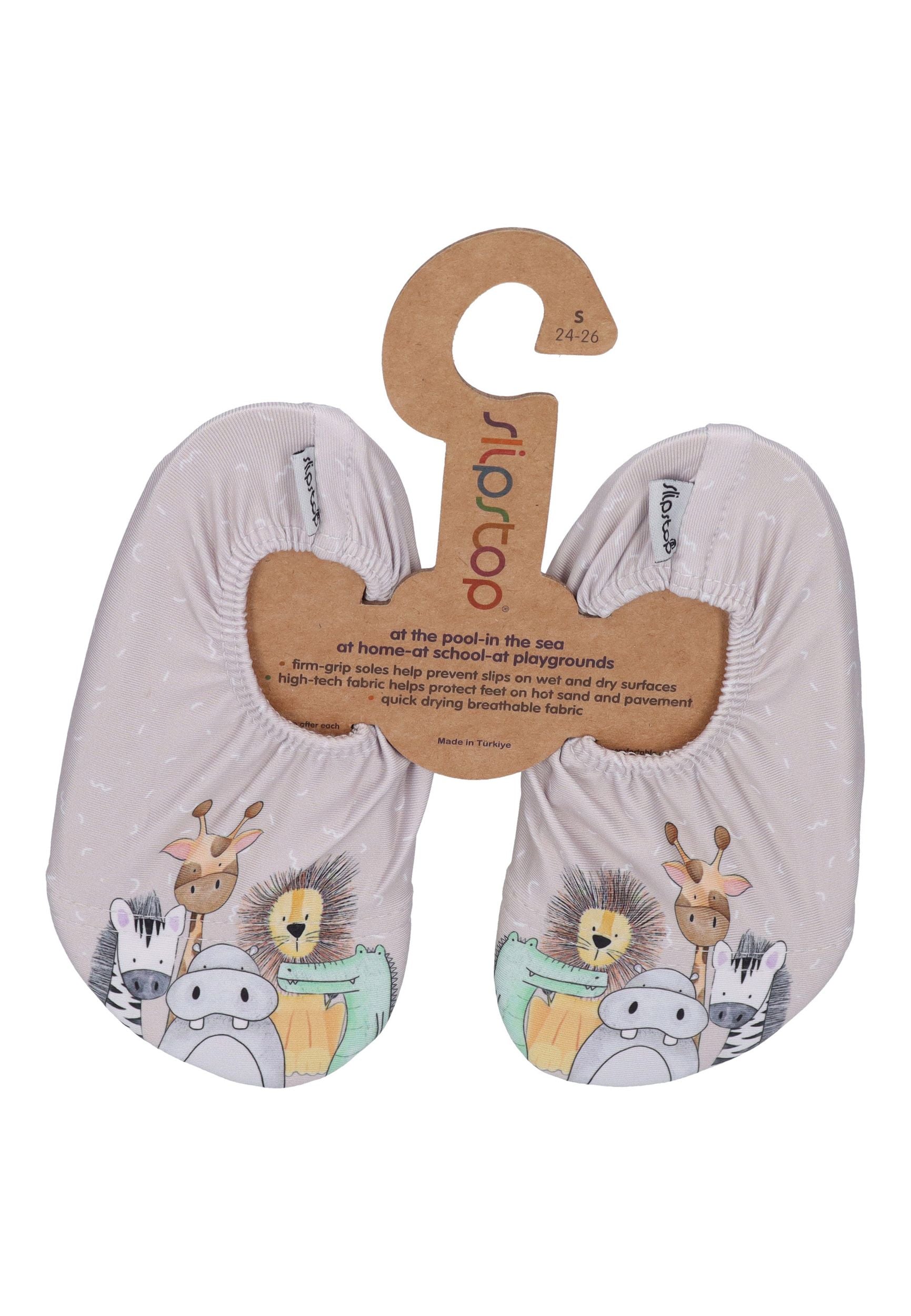 SLIPSTOP Kinder Hausschuhe Badeschuhe SAY CHEESE Tiere beige