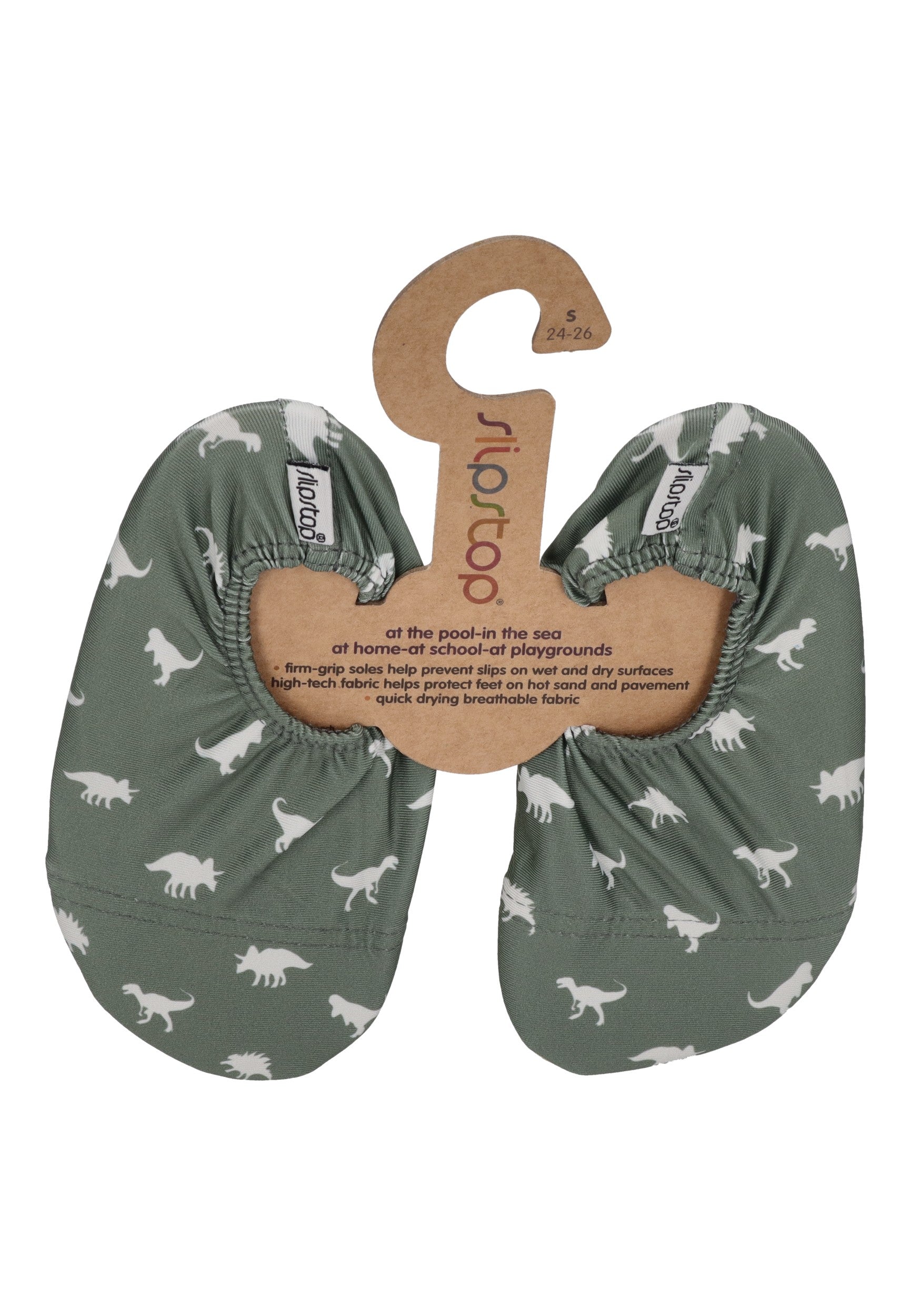 SLIPSTOP Kinder Hausschuhe Badeschuhe DINO GREEN Dinosaurier dunkelgrün