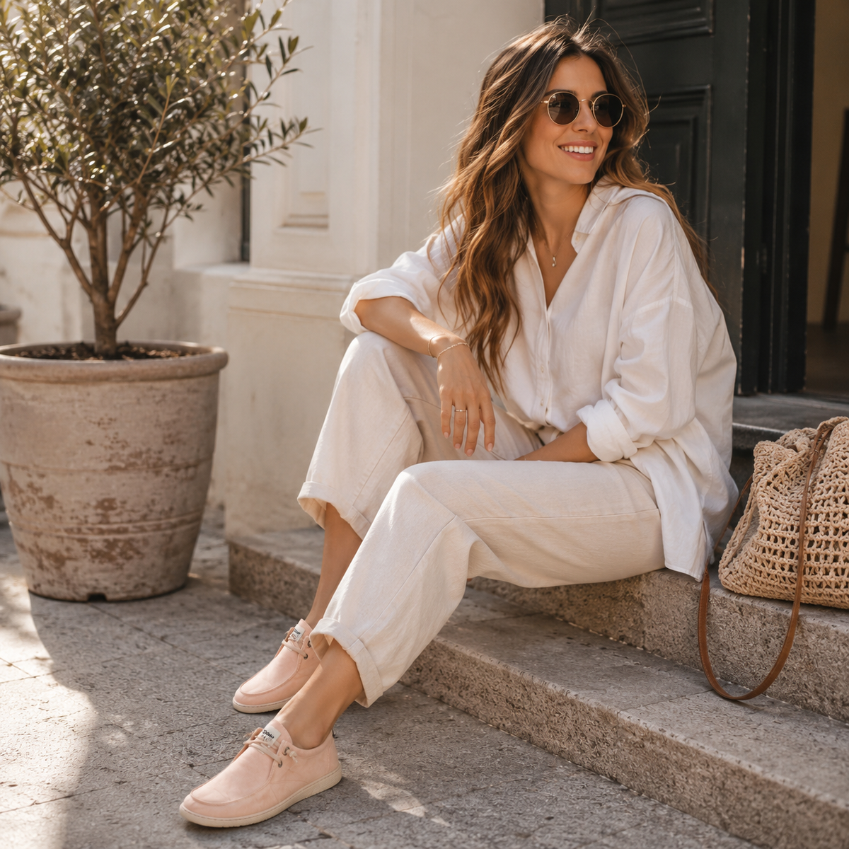 Frau trägt lachsfarbene Sunni Sabbi Barfußschuhe in einer modernen Lifestyle-Szene mit sommerlichem City-Flair.