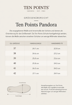 Ten Points Pandora Größentabelle mit Innenlänge und Innenbreite für EU-Größen 37 bis 42