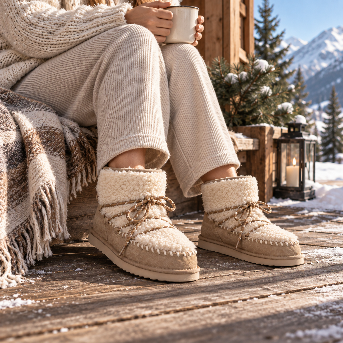 Warmbat Damen Outdoor Booties mit Schaffell in winterlicher Umgebung