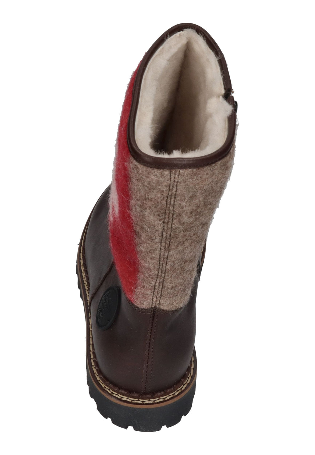AMMANN Crans Boot in Tdm, dunkelbraunes Leder, Filzschaft mit Schweizerkreuz, Lammfellfutter, schräg von hinten