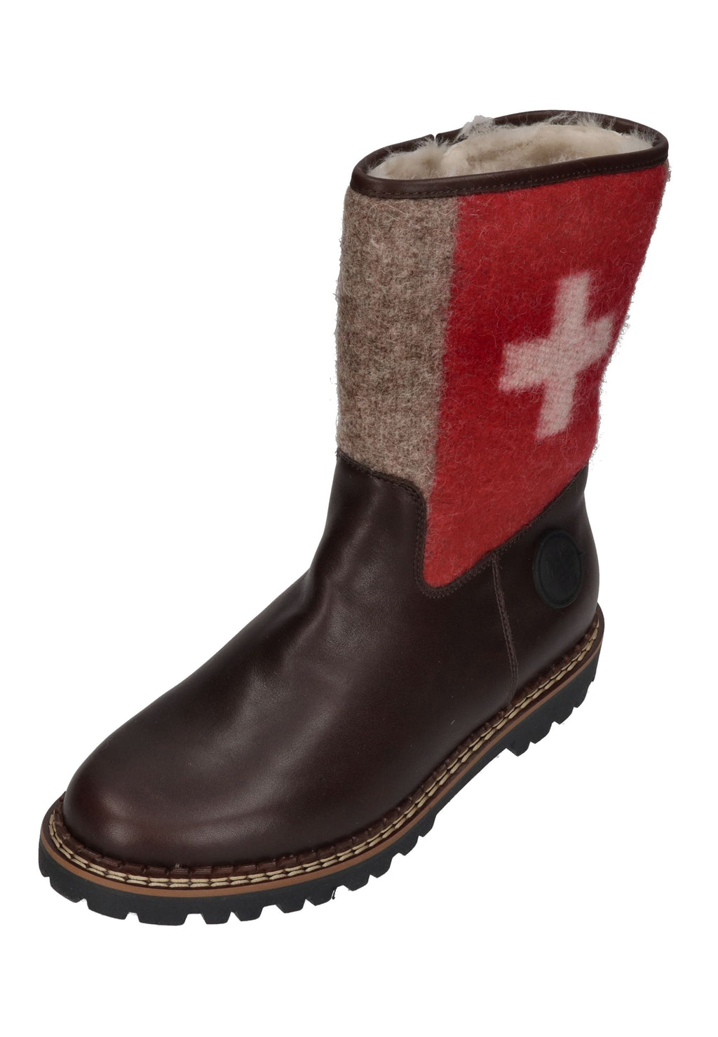 AMMANN Crans Boot in Tdm, dunkelbraunes Leder, Filzschaft mit Schweizerkreuz, Lammfellfutter, schräg von vorn