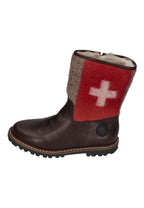 AMMANN Crans Boot in Tdm, dunkelbraunes Leder, Filzschaft mit Schweizerkreuz, Lammfellfutter, von der Seite