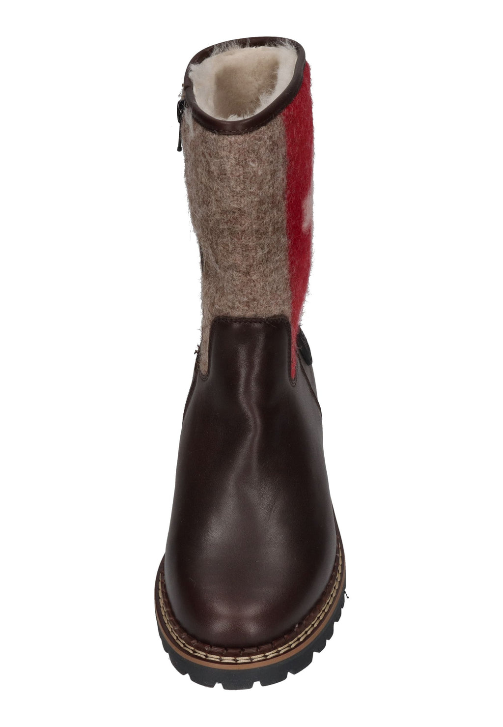 AMMANN Crans Boot in Tdm, dunkelbraunes Leder, Filzschaft mit Schweizerkreuz, Lammfellfutter, von vorn
