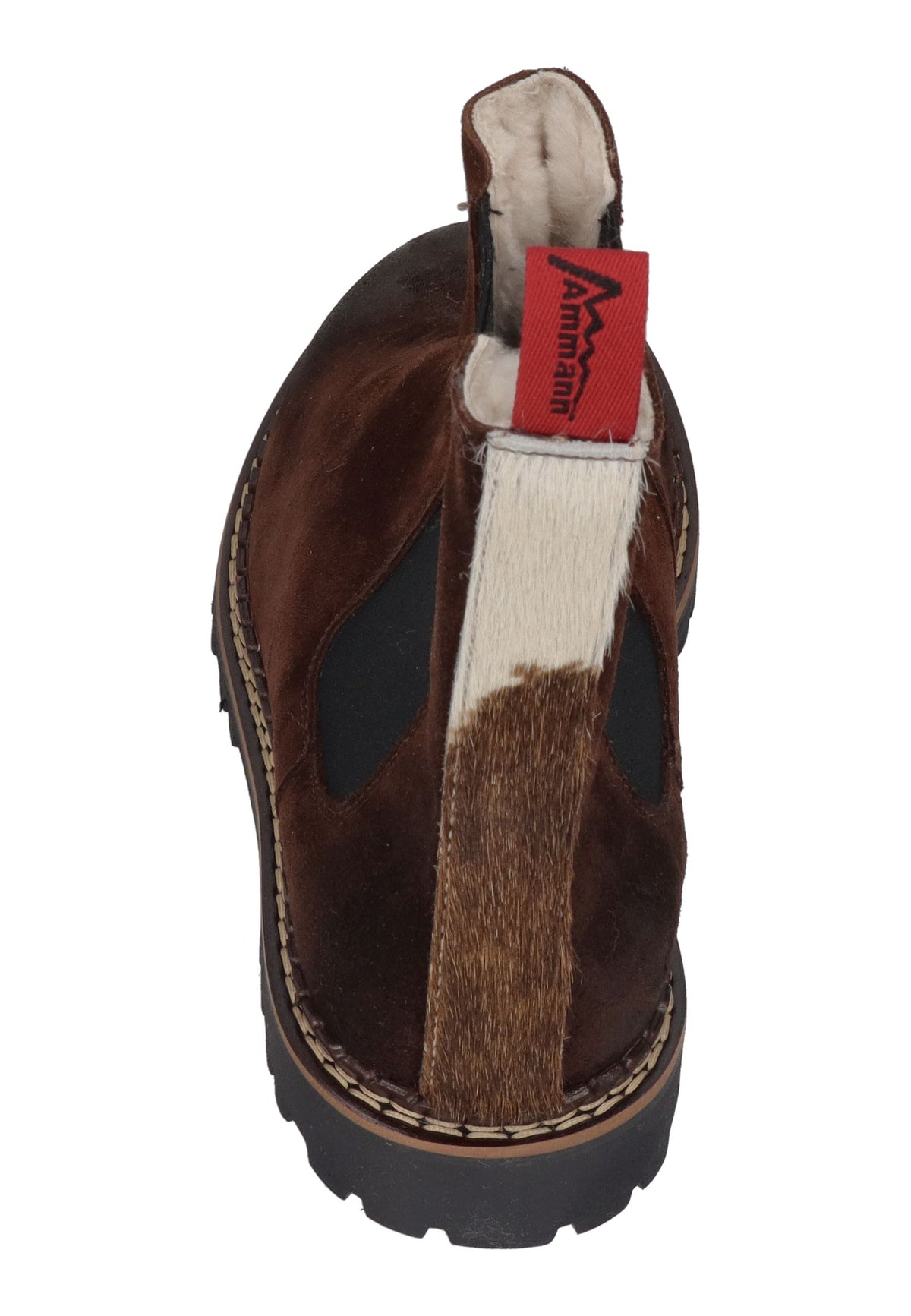 Ammann Iselle Tdm Chelsea Boot von hinten mit Fellstreifen in Braun-Weiß und roter Zuglasche