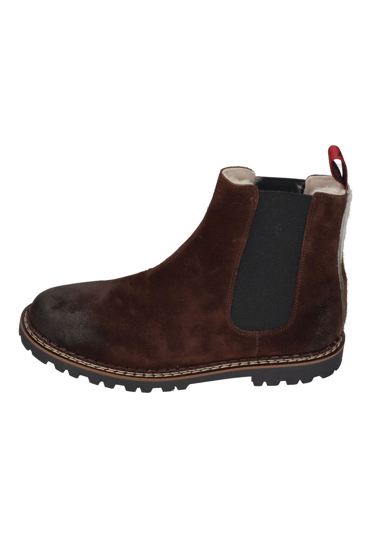 Ammann Iselle Tdm Chelsea Boot in Dunkelbraun, Seitenansicht mit Elastikeinsatz und roter Zuglasche