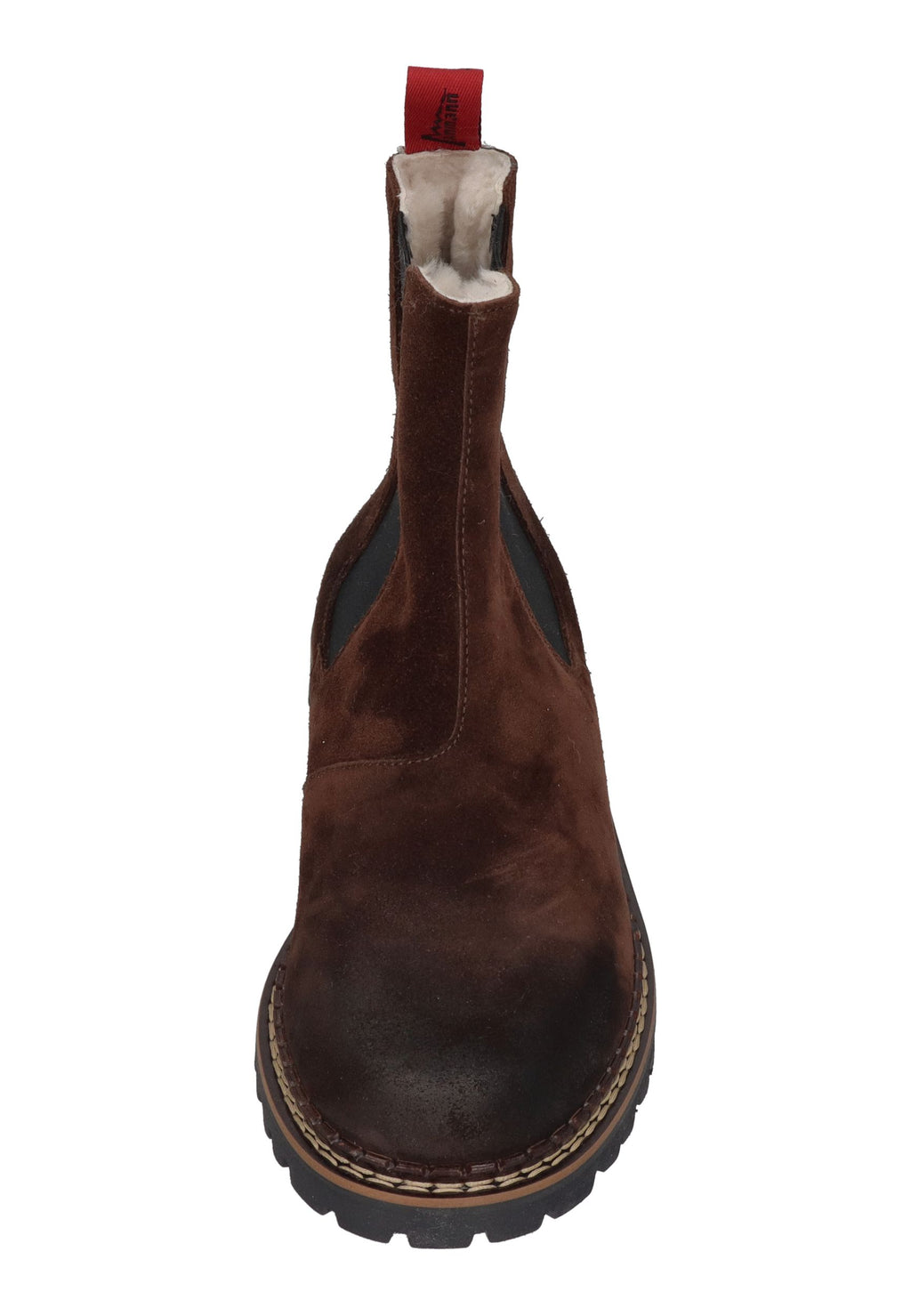 Ammann Iselle Tdm Chelsea Boot von vorn mit Lammfellfutter und roter Zuglasche