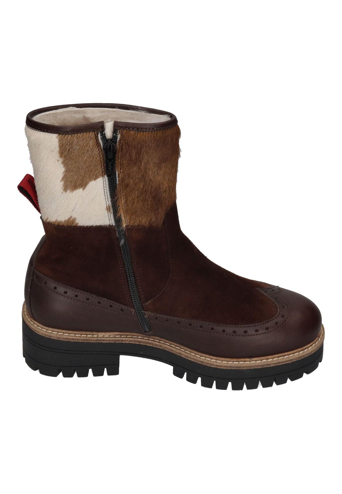 AMMANN Montreux Boot in Tdm, braunes Leder mit Lochmuster, Kuhfellschaft und Reißverschluss, von der anderen Seite