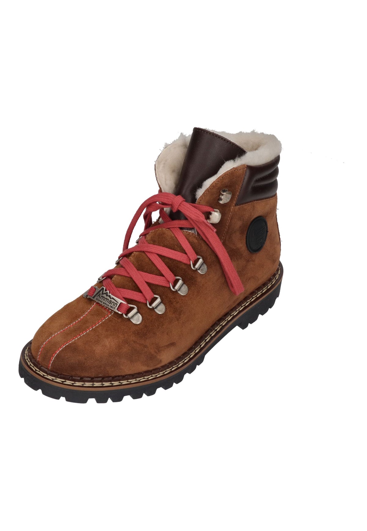 Ammann Town Cognac Damen-Schnürboot aus Veloursleder mit roten Schnürsenkeln und Lammfellrand, schräg von vorn