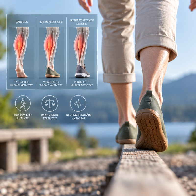 Illustration zur Cudejko-Studie über Minimalschuhe, Muskelaktivität und Balance bei älteren Erwachsenen