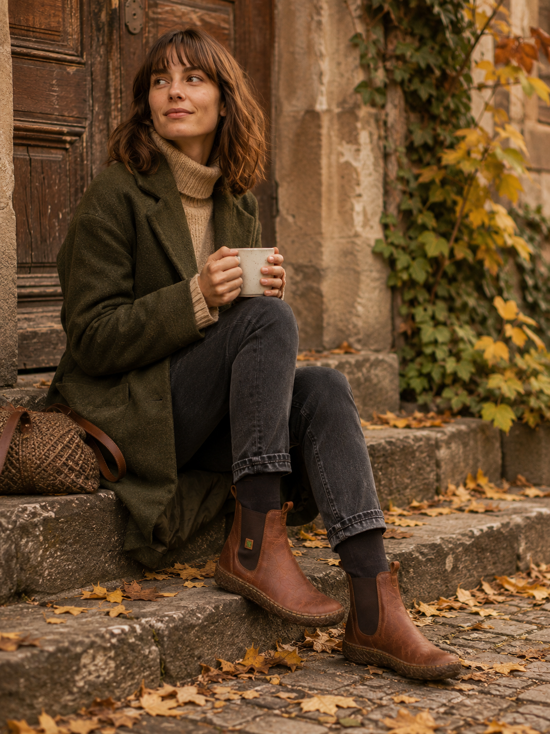 Frau mit El Naturalista Chelsea Boots in herbstlicher Umgebung – shoedeal.de