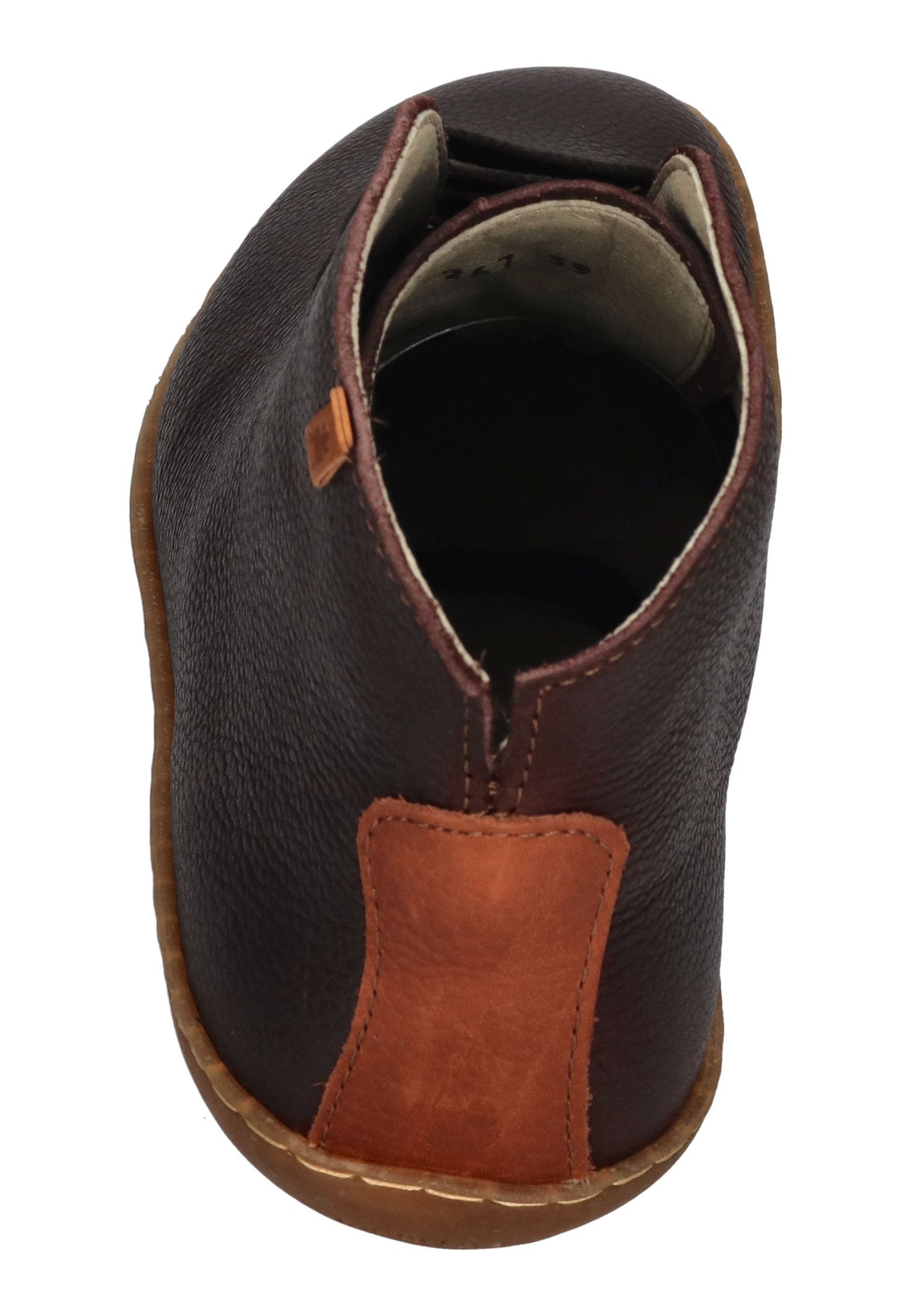 EL NATURALISTA El Viajero Schnürschuh in Brown, dunkelbraunes Leder mit cognacfarbenem Fersenbesatz, schräg von hinten