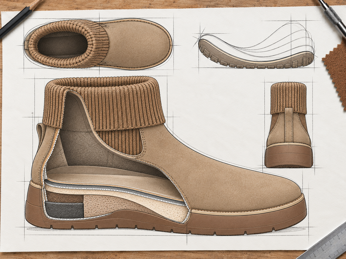Technische Darstellung des FitFlop GEN-FF ROAM S-KNIT mit Einblick in den inneren Aufbau, die Sohlenkonstruktion und den gestrickten Schaft.