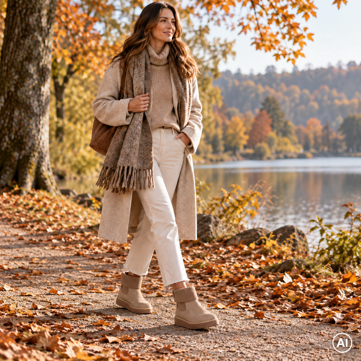 Frau beim Herbstspaziergang mit FitFlop GEN-FF ROAM S-KNIT in Cappuccino