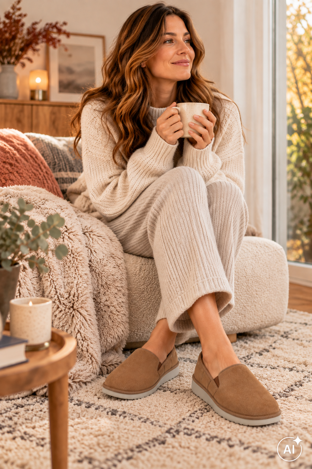 FitFlop Hausschuhe für Damen in einer gemütlichen Herbst-Winter-Szene – geschlossenes Modell in Braun, getragen und natürlich in Szene gesetzt.