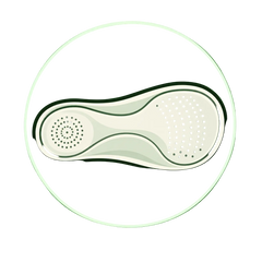 Grafische Darstellung der FitFlop iQushion™-Technologie mit stilisierter Draufsicht auf die Fußbettkonstruktion.