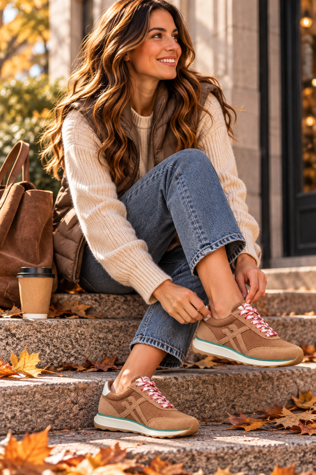 FitFlop Damen Sneaker in herbstlicher Lifestyle-Szene. Brauner Sneaker mit Materialmix und heller Sohle, natürlich getragen in Szene gesetzt.