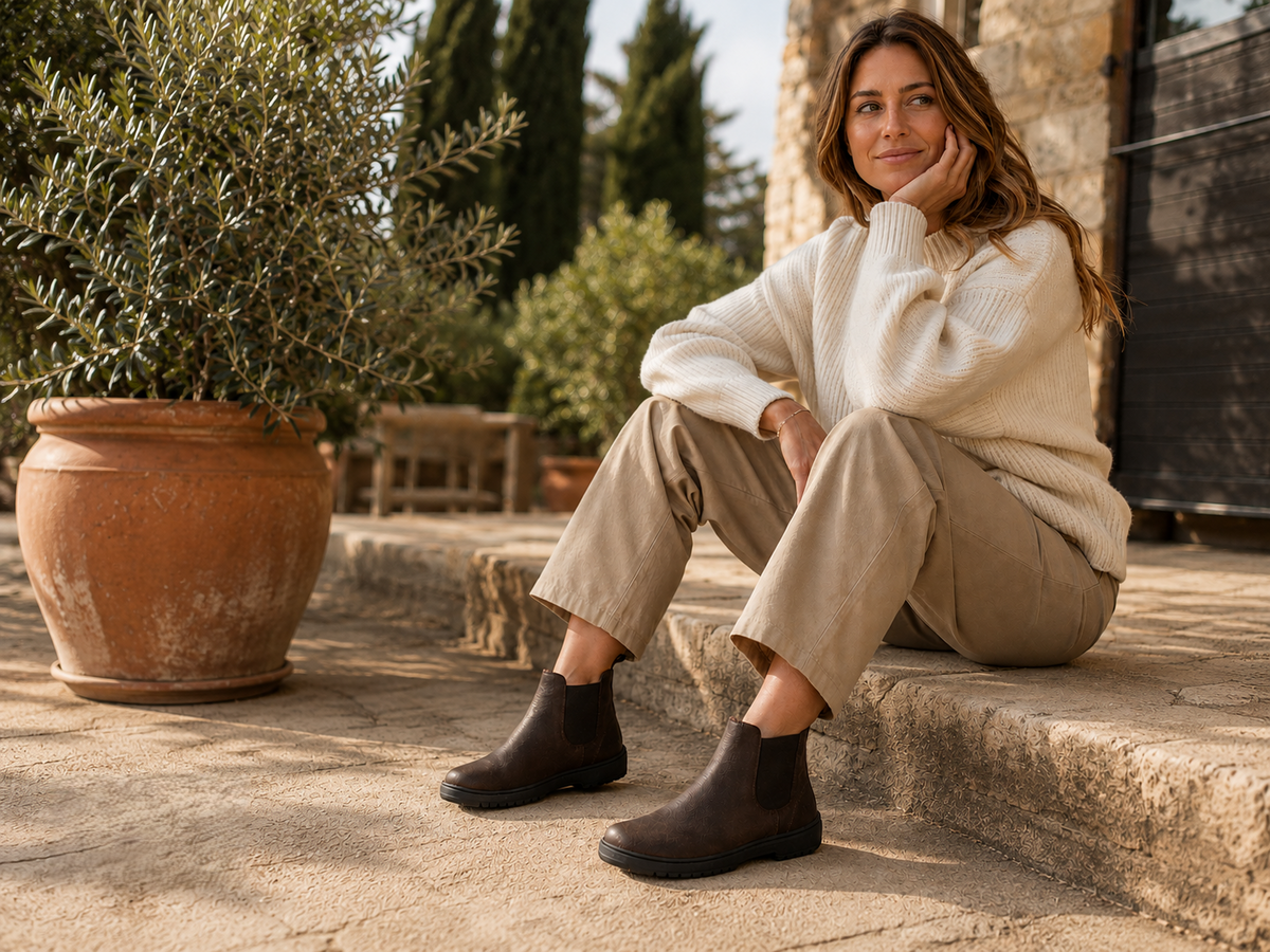 Frau mit braunen KOEL Barefoot Chelsea Boots in natürlichem Lifestyle-Ambiente – shoedeal.de