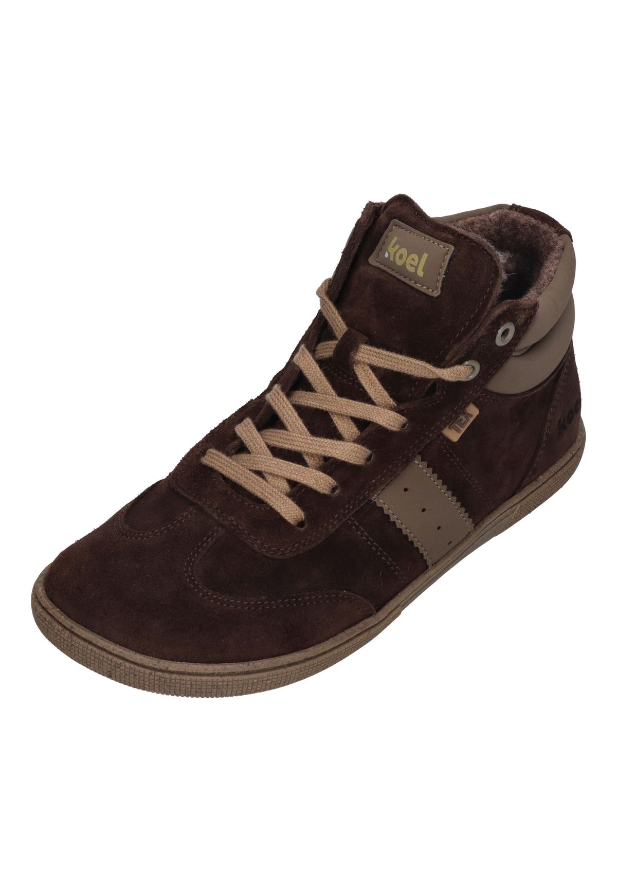 KOEL Drew TEX Barfuß-Kindersneaker in Brown aus Veloursleder mit Schnürung und Seitenstreifen, schräg von vorn