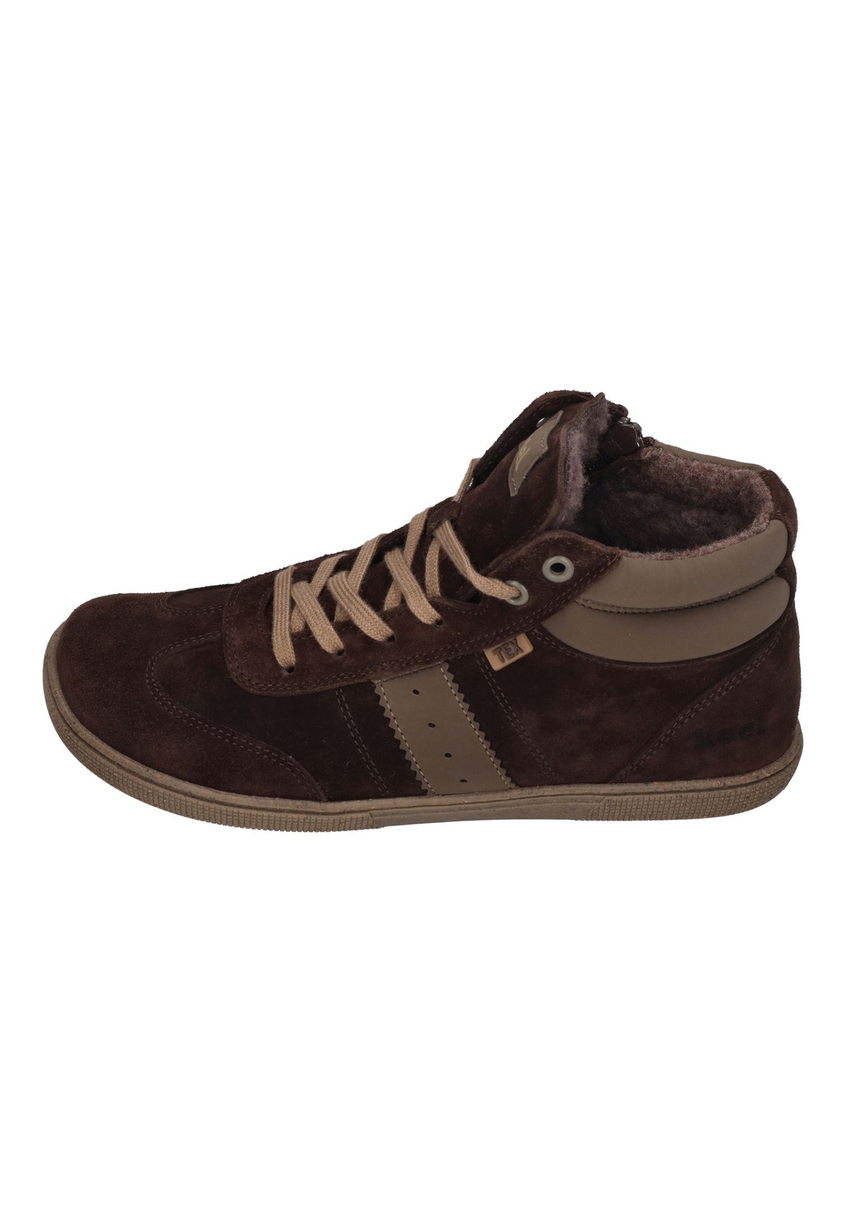 KOEL Drew TEX Barfuß-Kindersneaker in Brown mit Seitenstreifen und Schnürung, Seitenansicht