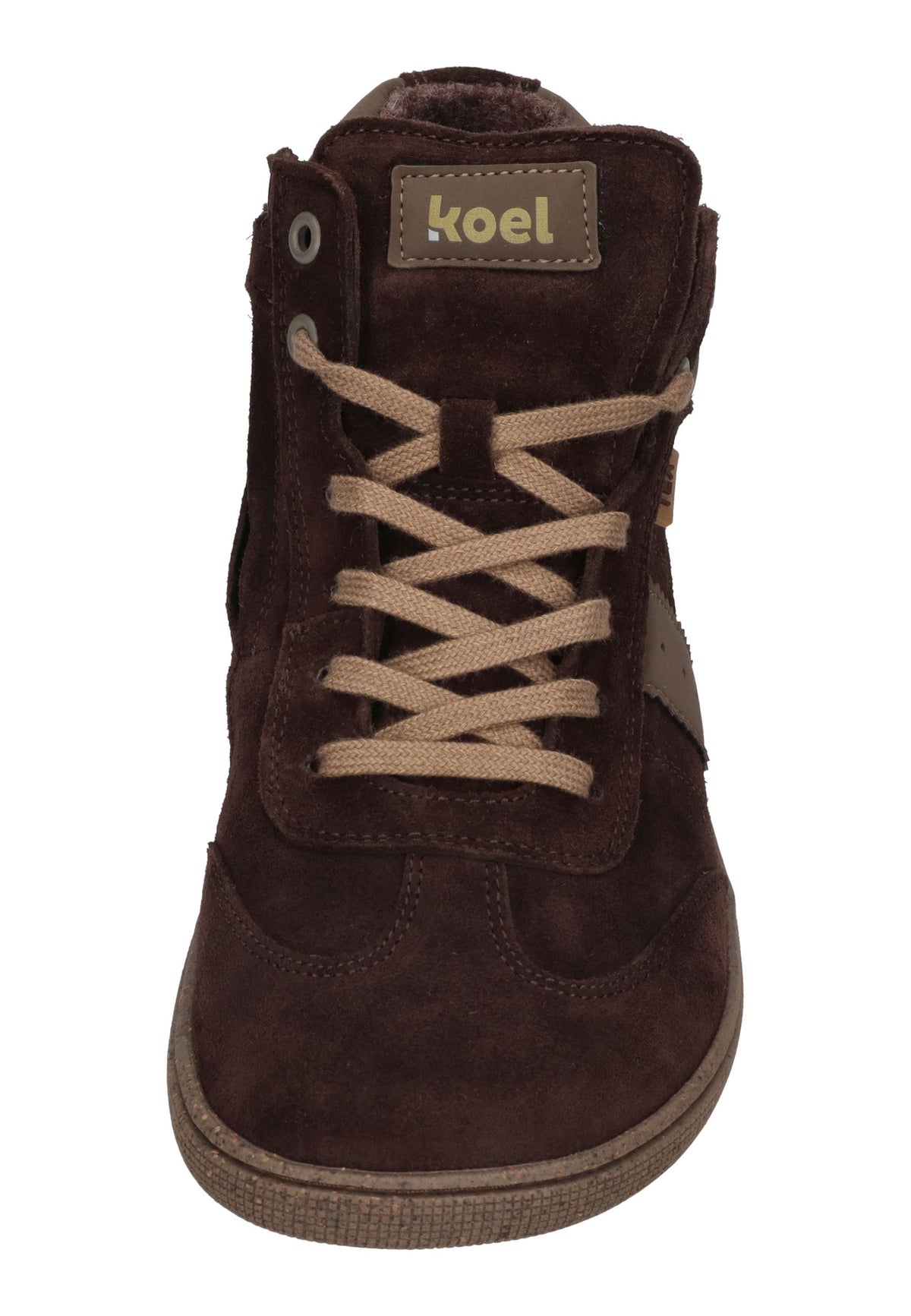 KOEL Drew TEX Barfuß-Kindersneaker in Brown mit Schnürung und Logo-Lasche, von vorn