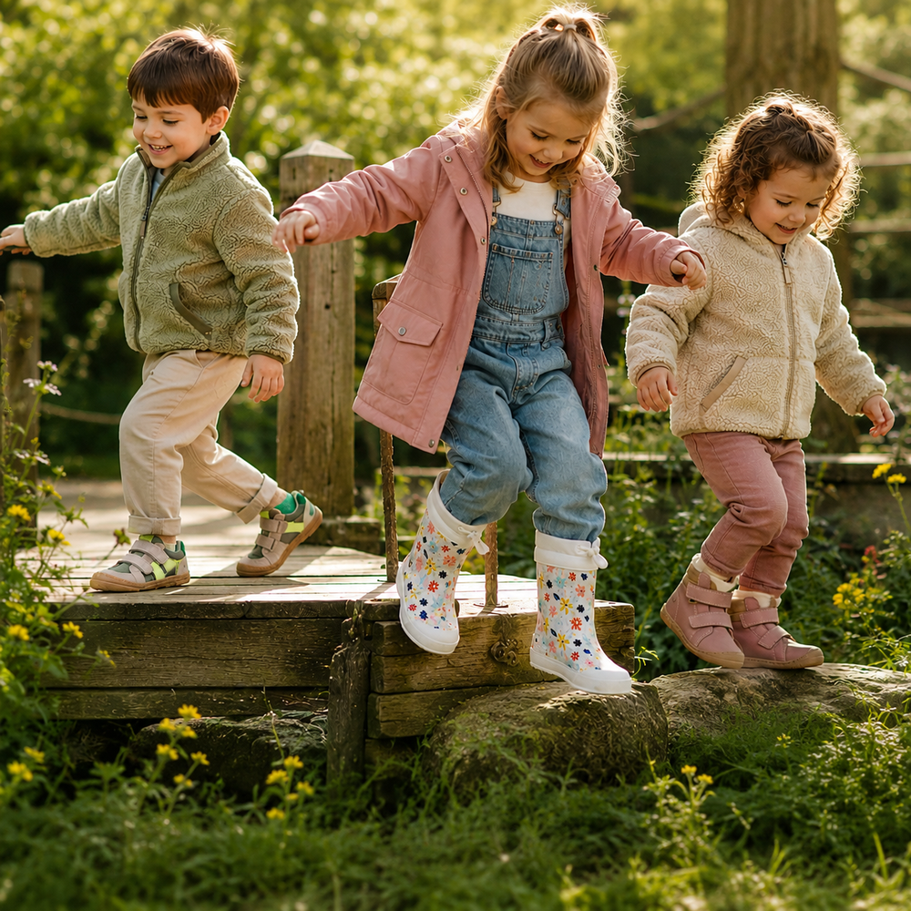Kinder beim Spielen in der Natur mit KOEL Barfußschuhen und Gummistiefeln – shoedeal.de