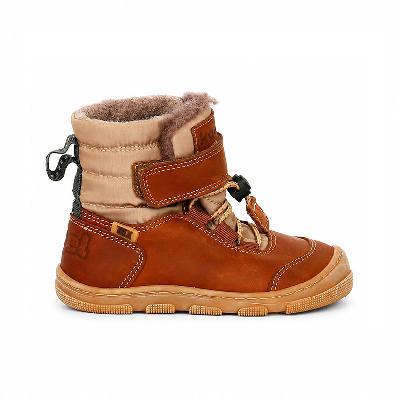 KOEL Kulla Wool Tex Barefoot Kinderboots in Chocolate, braunes Leder mit Wollfutter, Klettriemen und Schnellschnürung, Seitenansicht