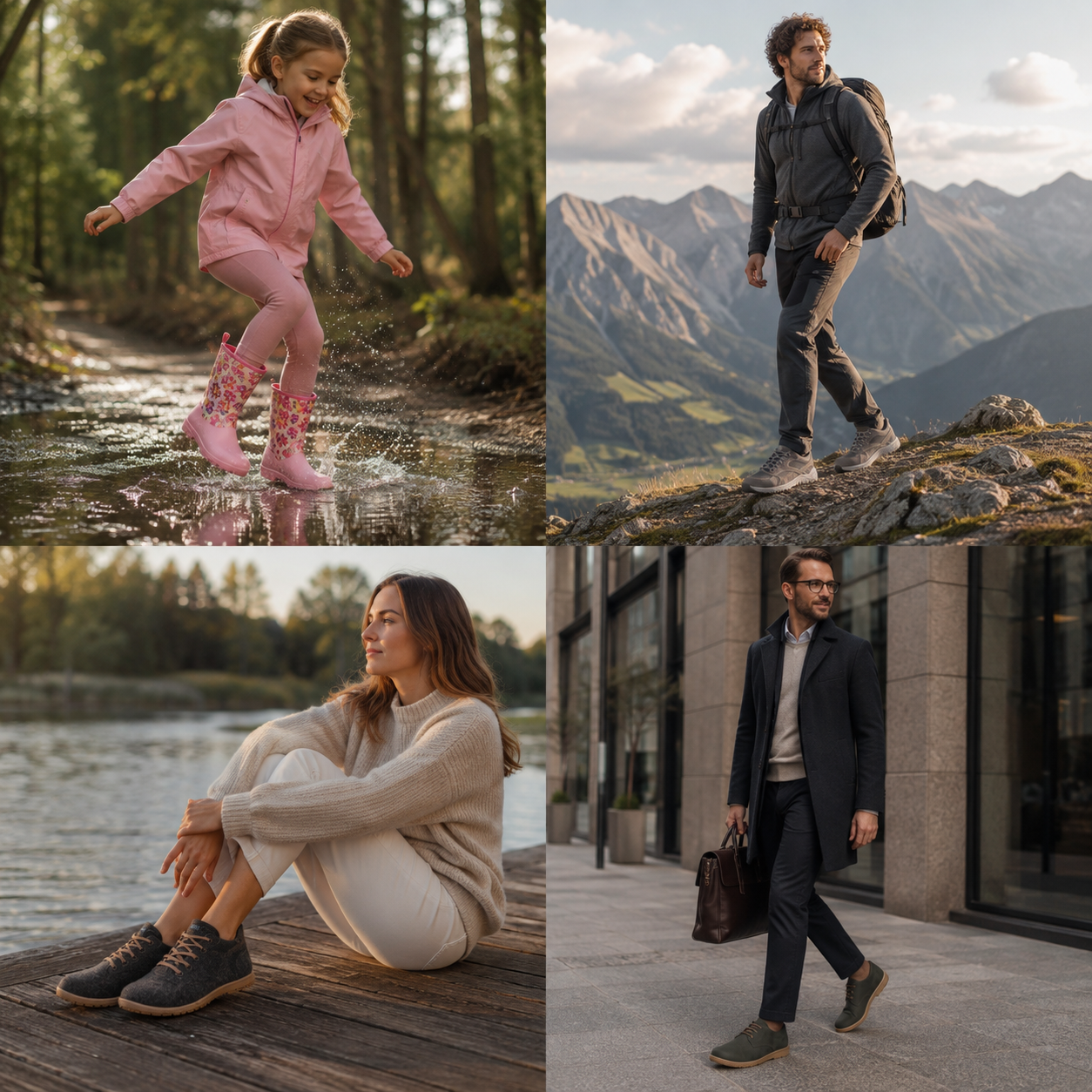 Lifestyle Collage mit KOEL Schuhen: Mädchen mit Gummistiefel beim Planschen. Mann mit Sneaker Ralp in den Bergen. Frau mit Merino Sneaker am See. Mann mit Halbschuh Tim im Business Look.