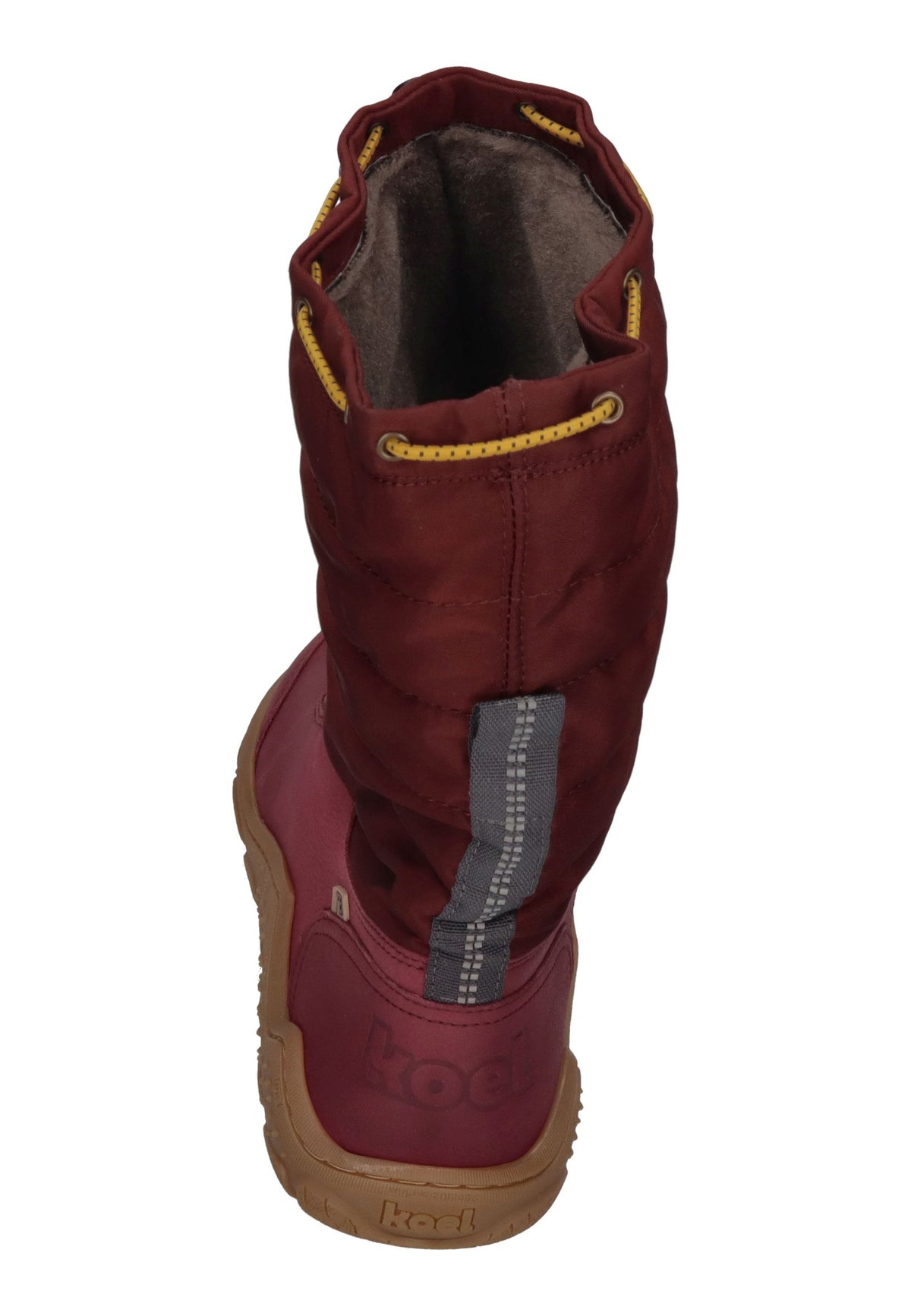 KOEL Rana Ladies Winterstiefel in Bordo, Leder mit Steppschaft, Kordelzug und gelben Schnüren, schräg von hinten