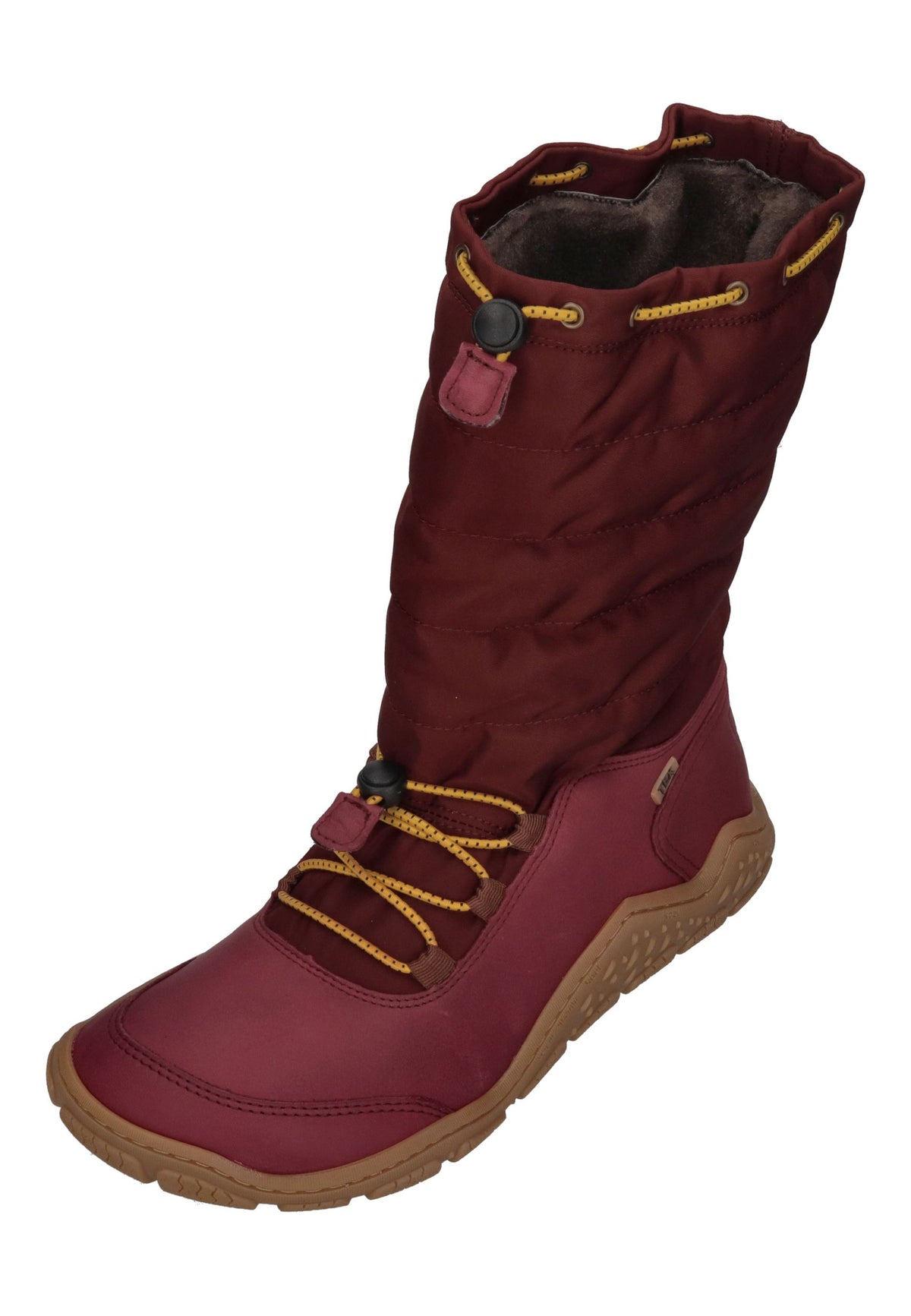 KOEL Rana Ladies Winterstiefel in Bordo, Leder mit Steppschaft, Kordelzug und gelben Schnüren, schräg von vorn
