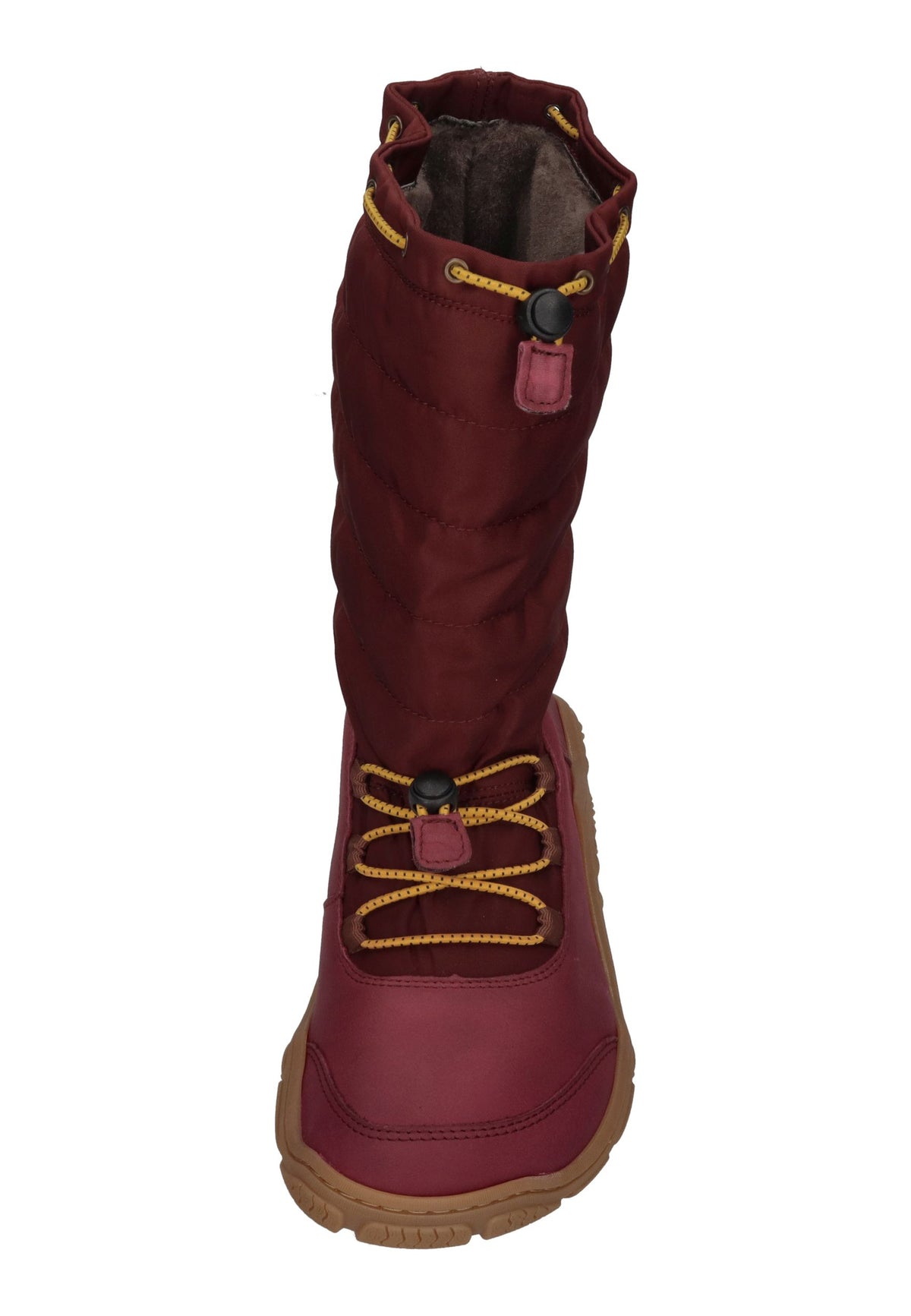 KOEL Rana Ladies Winterstiefel in Bordo, Leder mit Steppschaft, Kordelzug und gelben Schnüren, von vorn