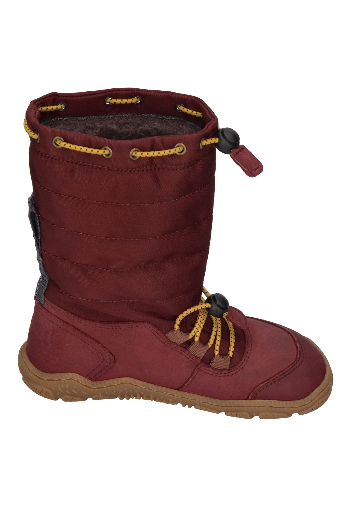 KOEL Rana Trek Kinder-Winterstiefel in Bordo, weinroter Steppschaft, Leder, gelbe Schnellschnürung, von der anderen Seite