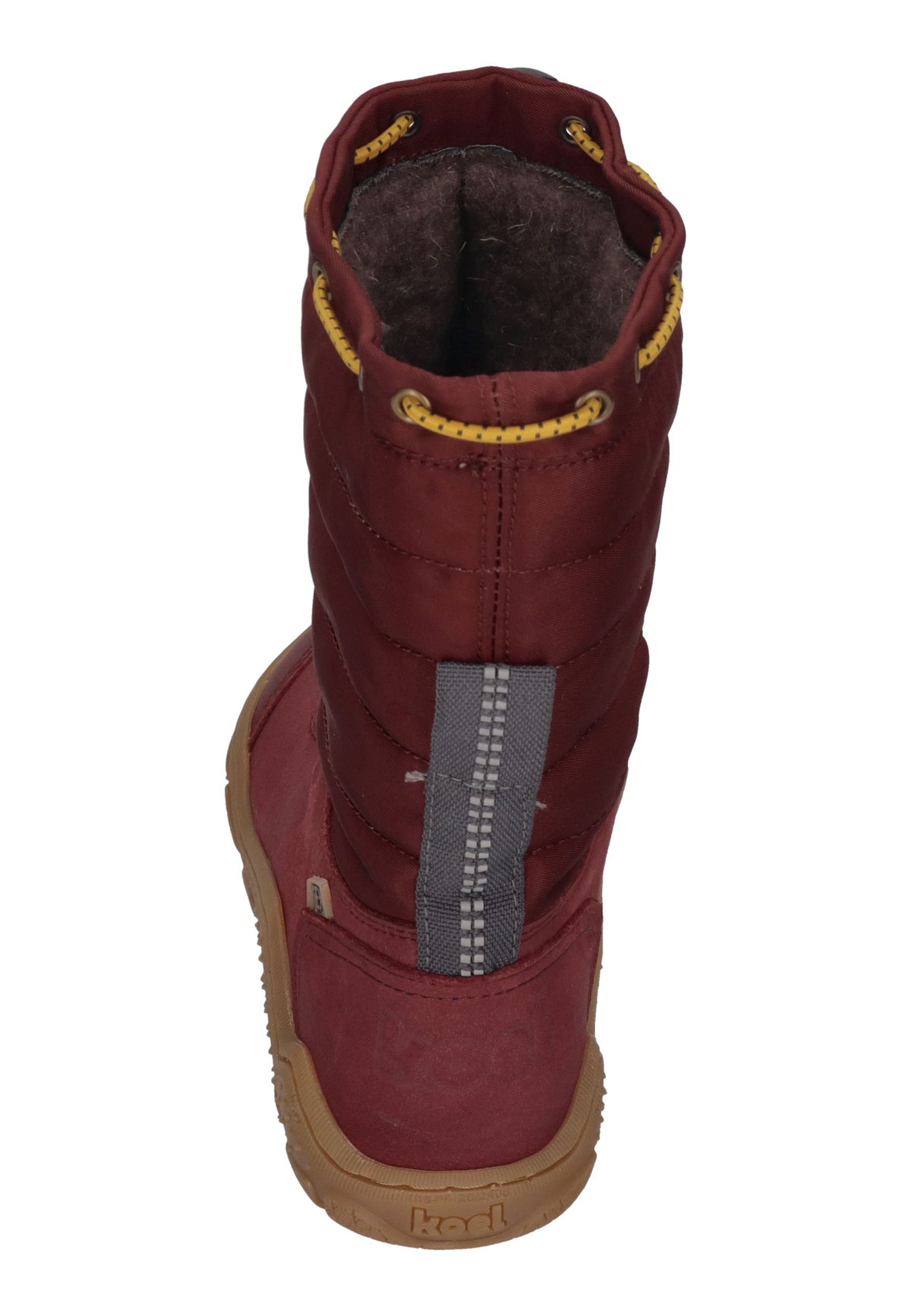 KOEL Rana Trek Kinder-Winterstiefel in Bordo, weinroter Steppschaft, Leder, gelbe Schnellschnürung, schräg von hinten