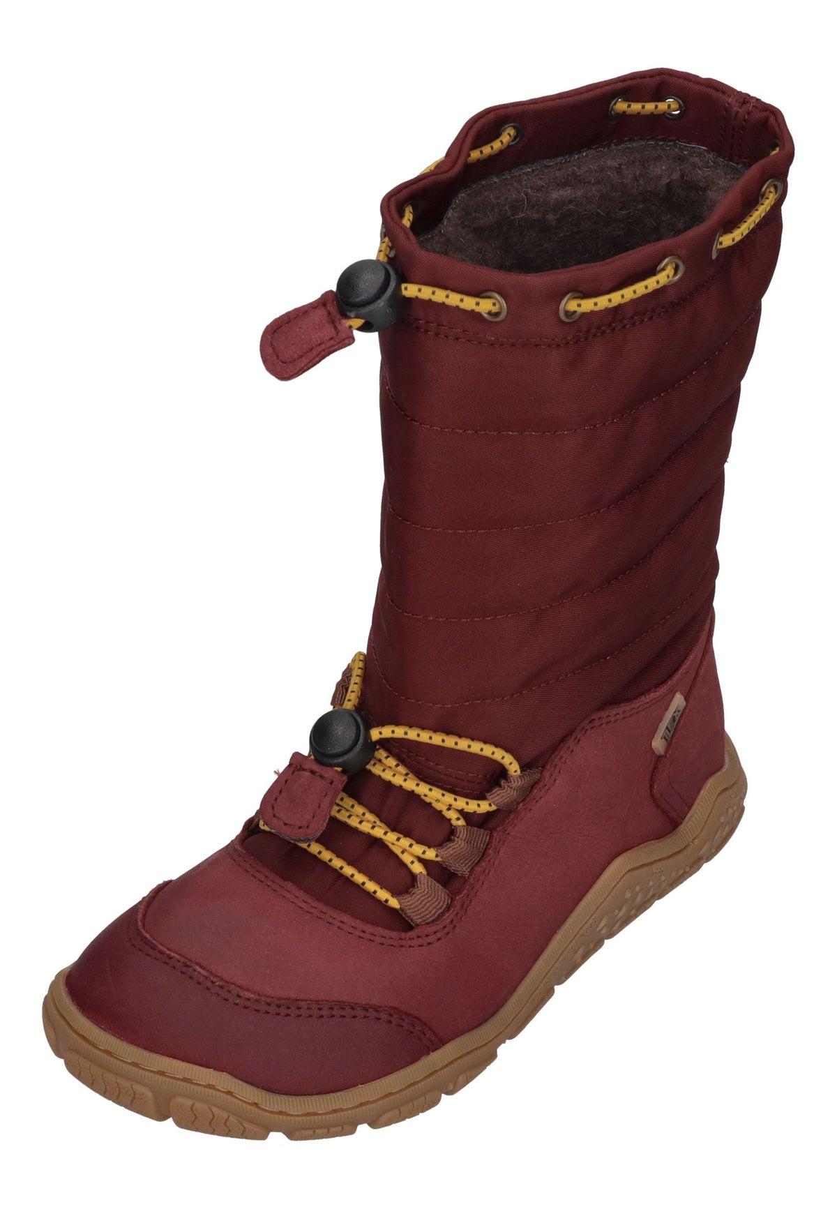 KOEL Rana Trek Kinder-Winterstiefel in Bordo, weinroter Steppschaft, Leder, gelbe Schnellschnürung, schräg von vorn