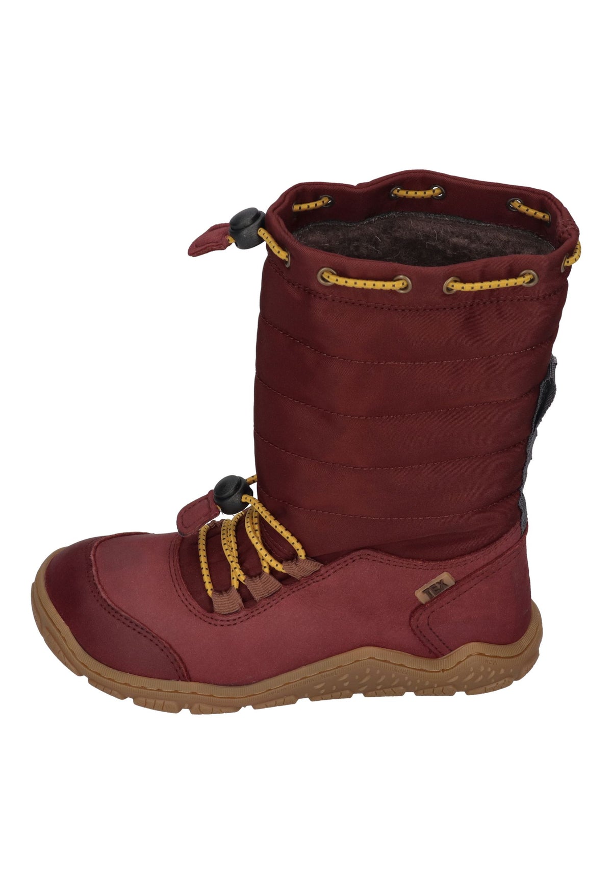 KOEL Rana Trek Kinder-Winterstiefel in Bordo, weinroter Steppschaft, Leder, gelbe Schnellschnürung, von der Seite