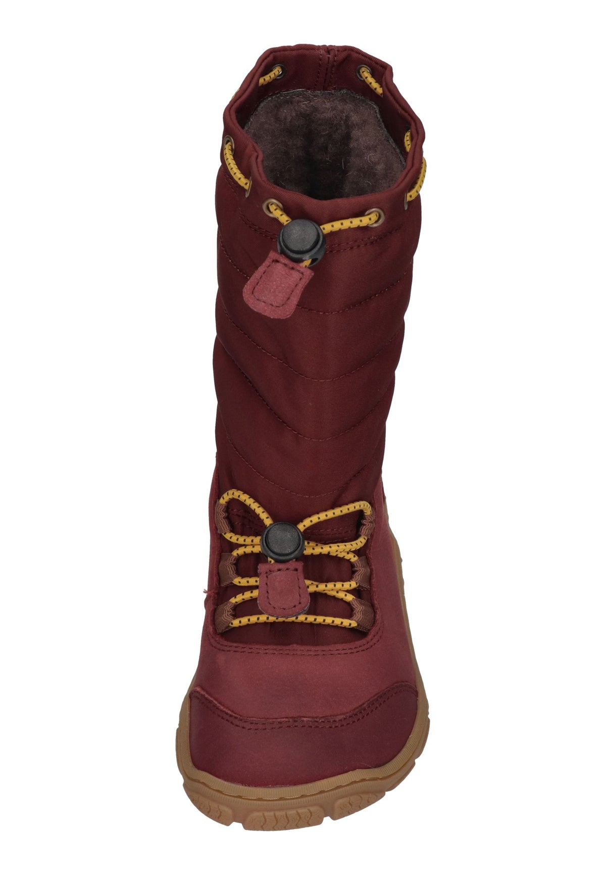 KOEL Rana Trek Kinder-Winterstiefel in Bordo, weinroter Steppschaft, Leder, gelbe Schnellschnürung, von vorn