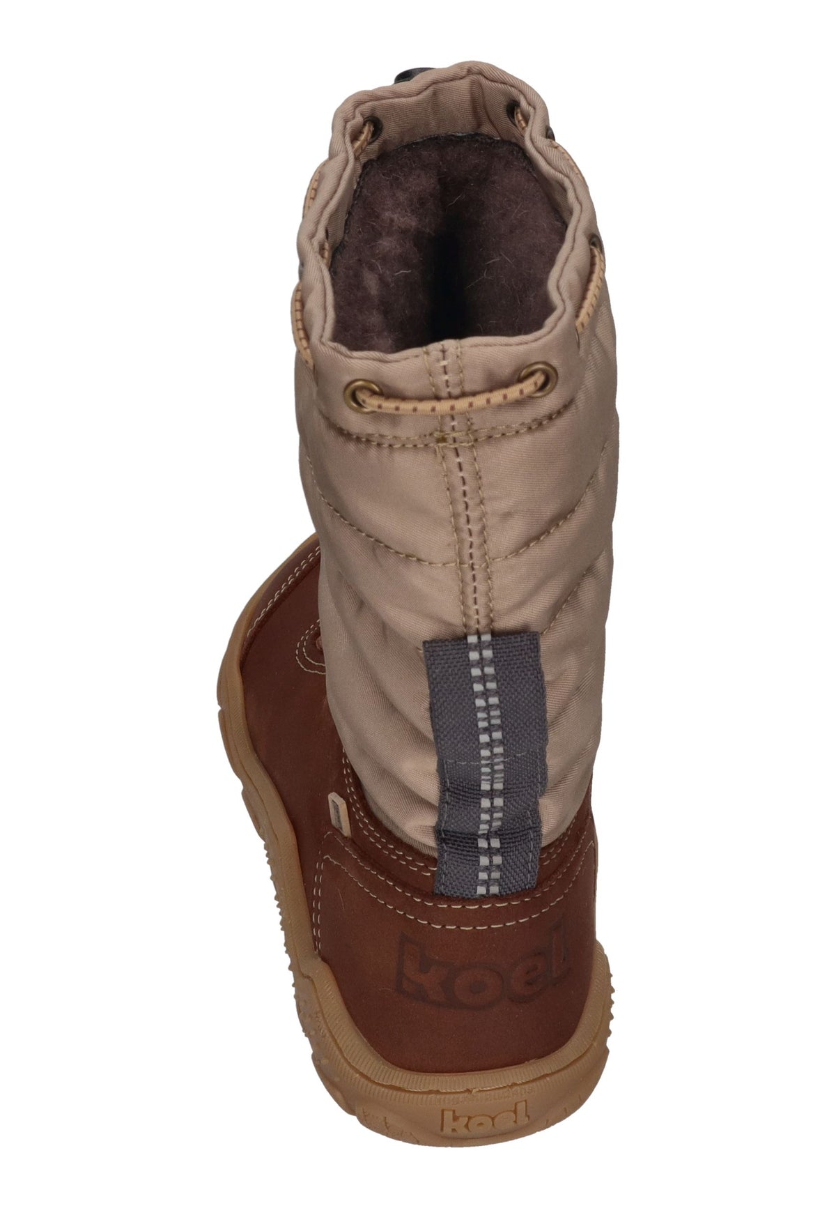 KOEL Rana Trek Kinder-Winterstiefel in Chocolate, beiger Steppschaft, braunes Leder, Schnellschnürung, schräg von hinten