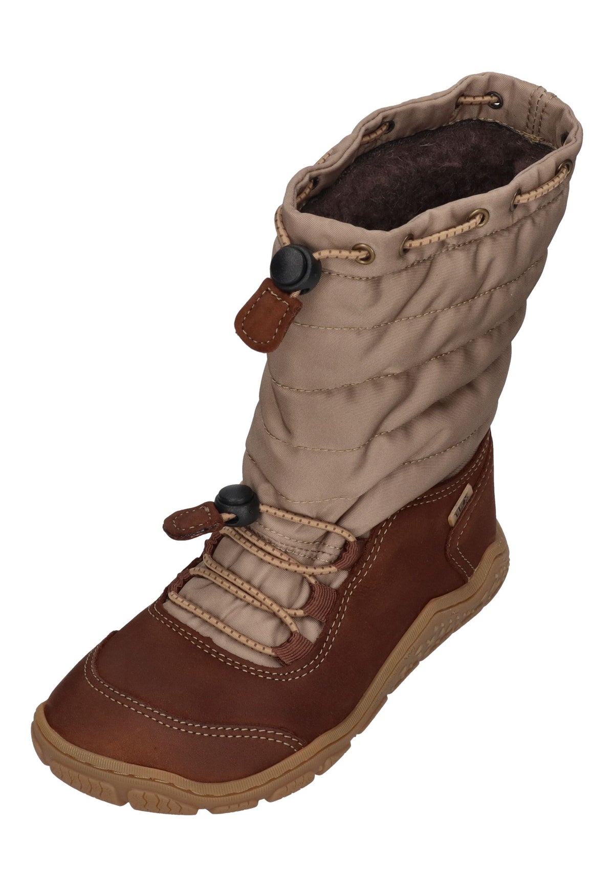 KOEL Rana Trek Kinder-Winterstiefel in Chocolate, beiger Steppschaft, braunes Leder, Schnellschnürung, schräg von vorn