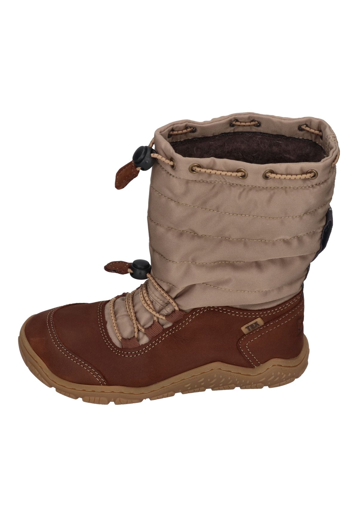 KOEL Rana Trek Kinder-Winterstiefel in Chocolate, beiger Steppschaft, braunes Leder, Schnellschnürung, von der Seite