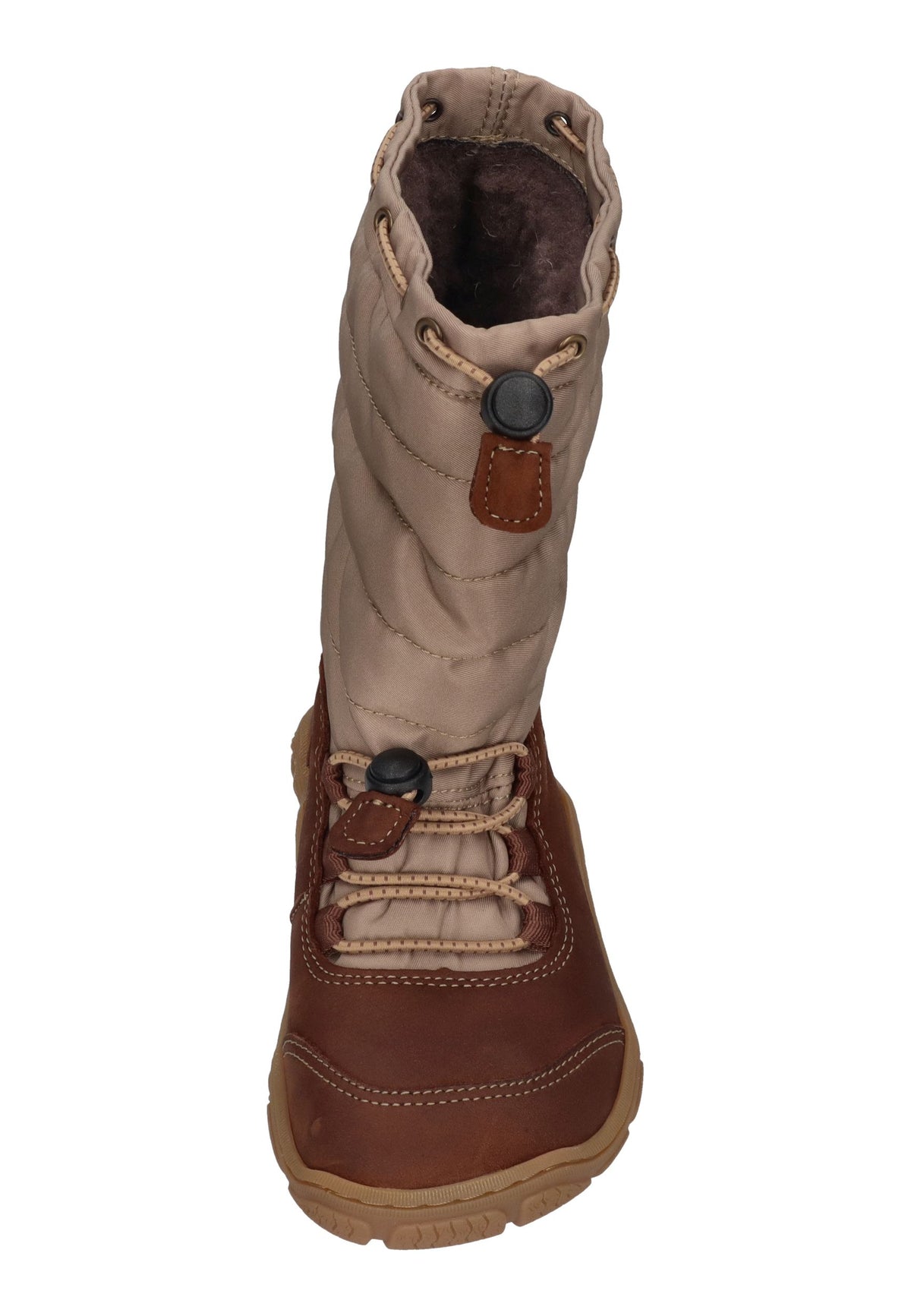 KOEL Rana Trek Kinder-Winterstiefel in Chocolate, beiger Steppschaft, braunes Leder, Schnellschnürung, von vorn