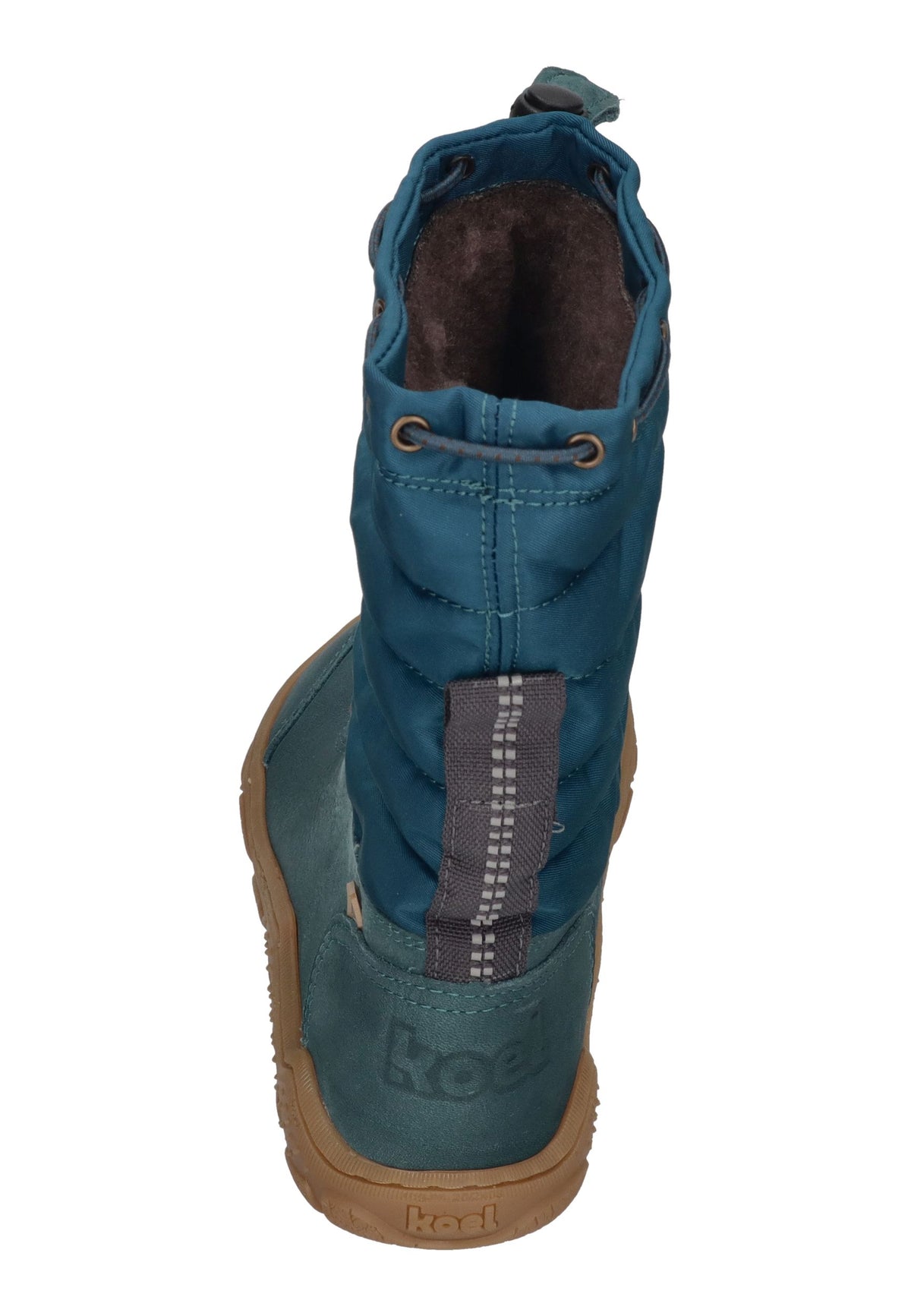 KOEL Rana Trek Kinder-Winterstiefel in Turquoise, Steppschaft in Petrol, Leder, Schnellschnürung, schräg von hinten