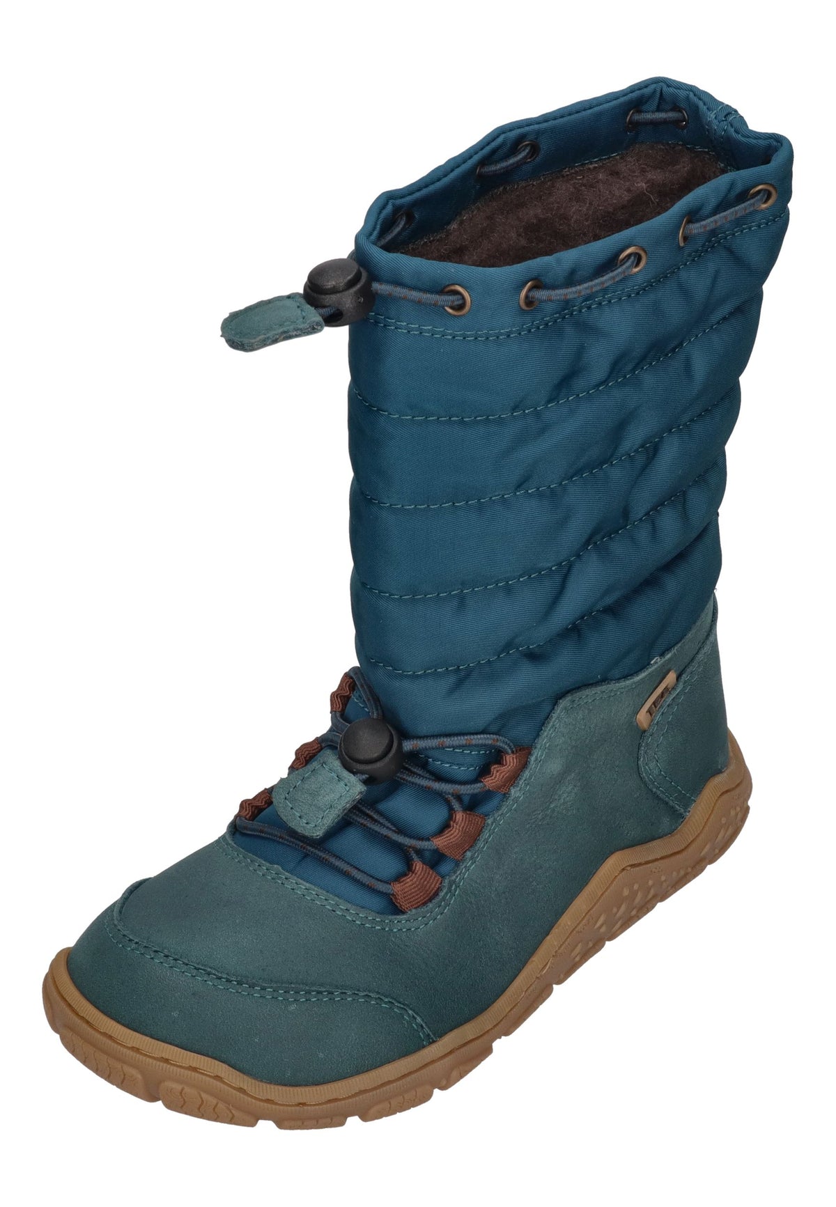 KOEL Rana Trek Kinder-Winterstiefel in Turquoise, Steppschaft in Petrol, Leder, Schnellschnürung, schräg von vorn