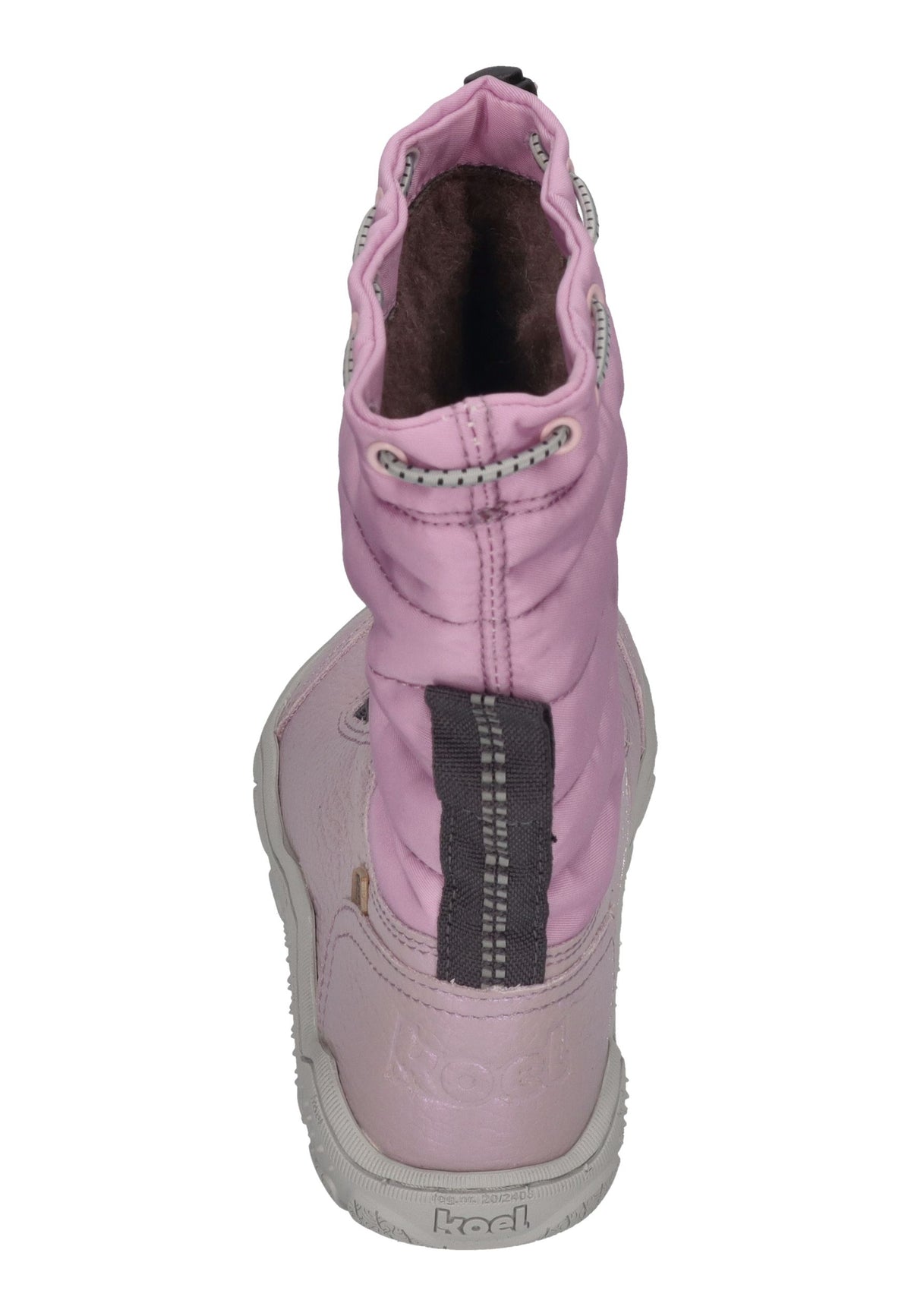 KOEL Rana Trek Kinder-Winterstiefel in Violet, Steppschaft in Flieder, Schimmerleder, Schnürung, schräg von hinten