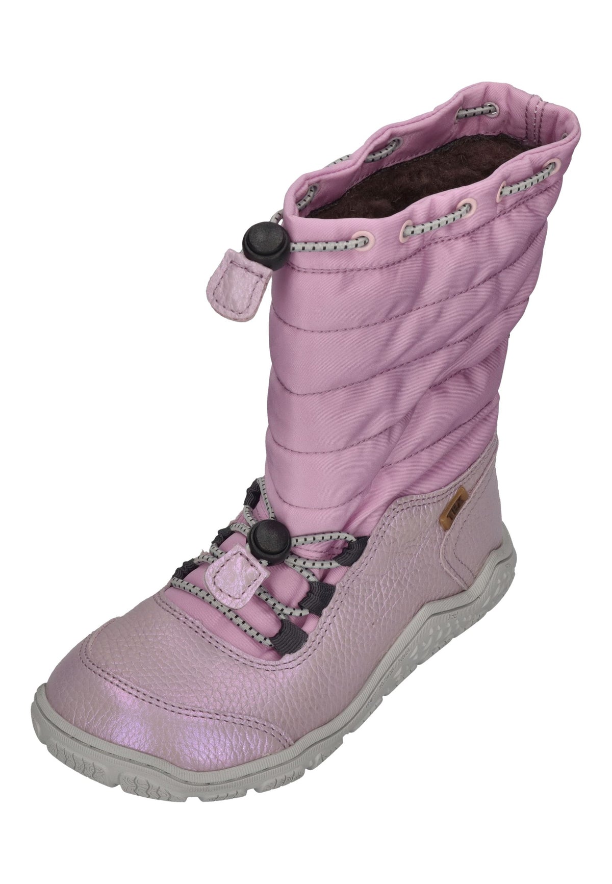 KOEL Rana Trek Kinder-Winterstiefel in Violet, Steppschaft in Flieder, Schimmerleder, Schnürung, schräg von vorn