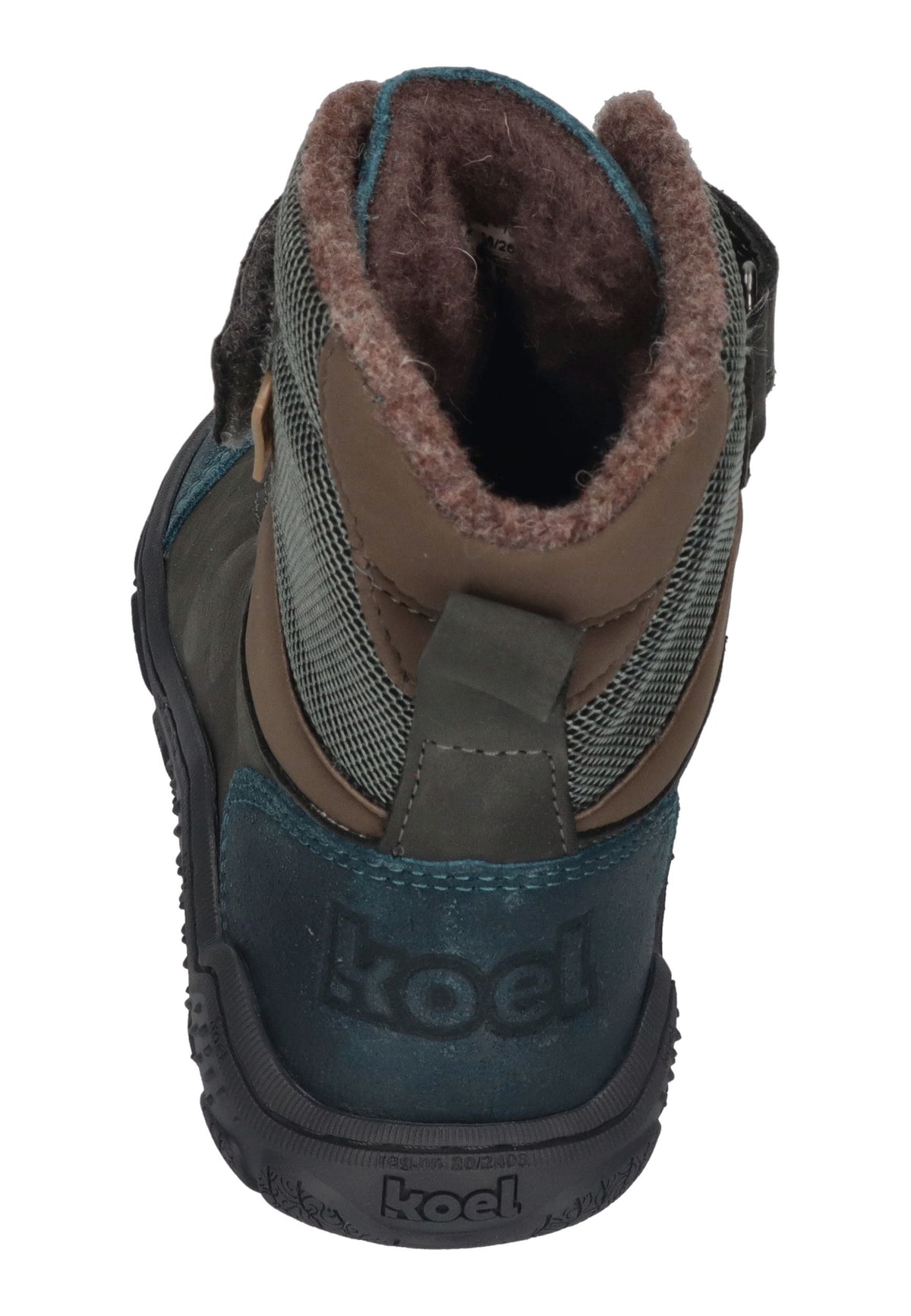 KOEL Ravo Wool TEX Barfuß-Kinderboots in Turquoise mit geprägtem Logo an der Ferse und Wollfutter, von hinten