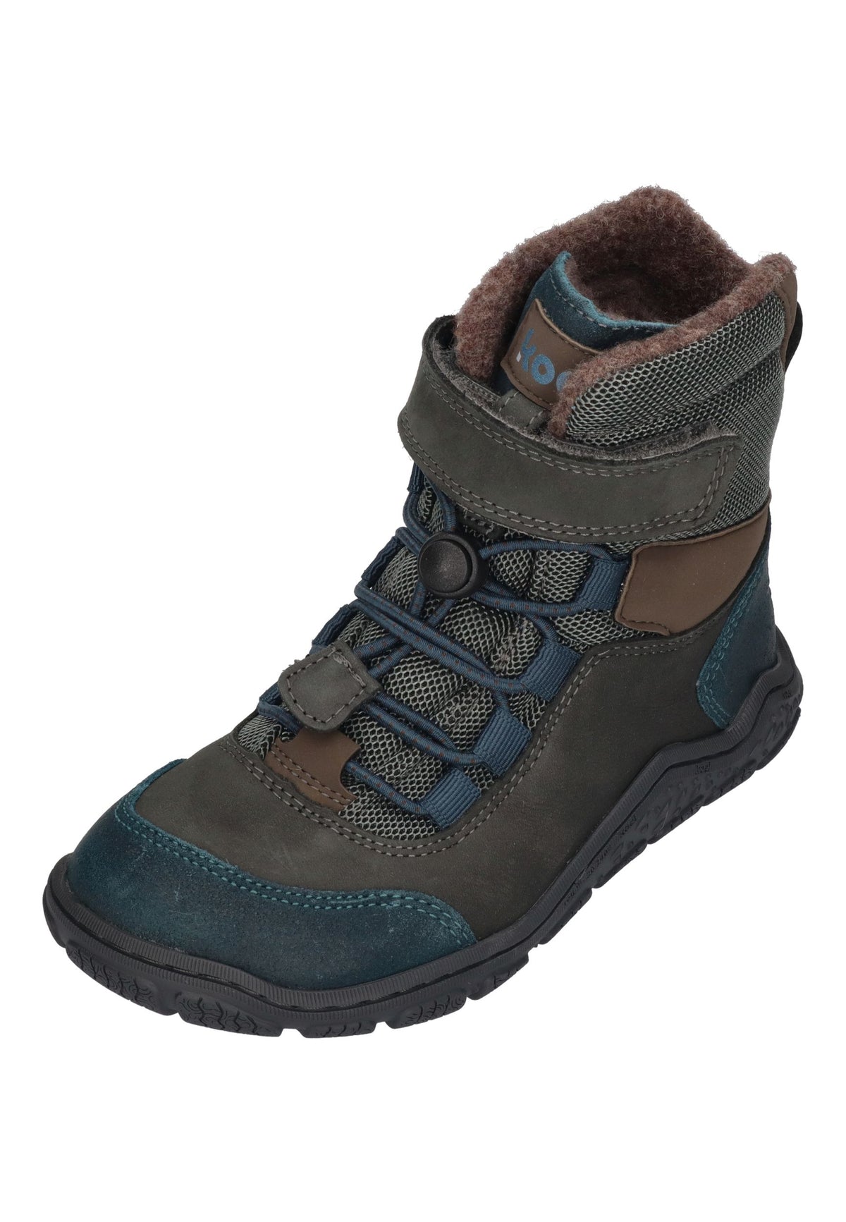 KOEL Ravo Wool TEX Barfuß-Kinderboots in Turquoise, grau mit Kappe in Petrol, Klett und Schnellschnürung, schräg von vorn